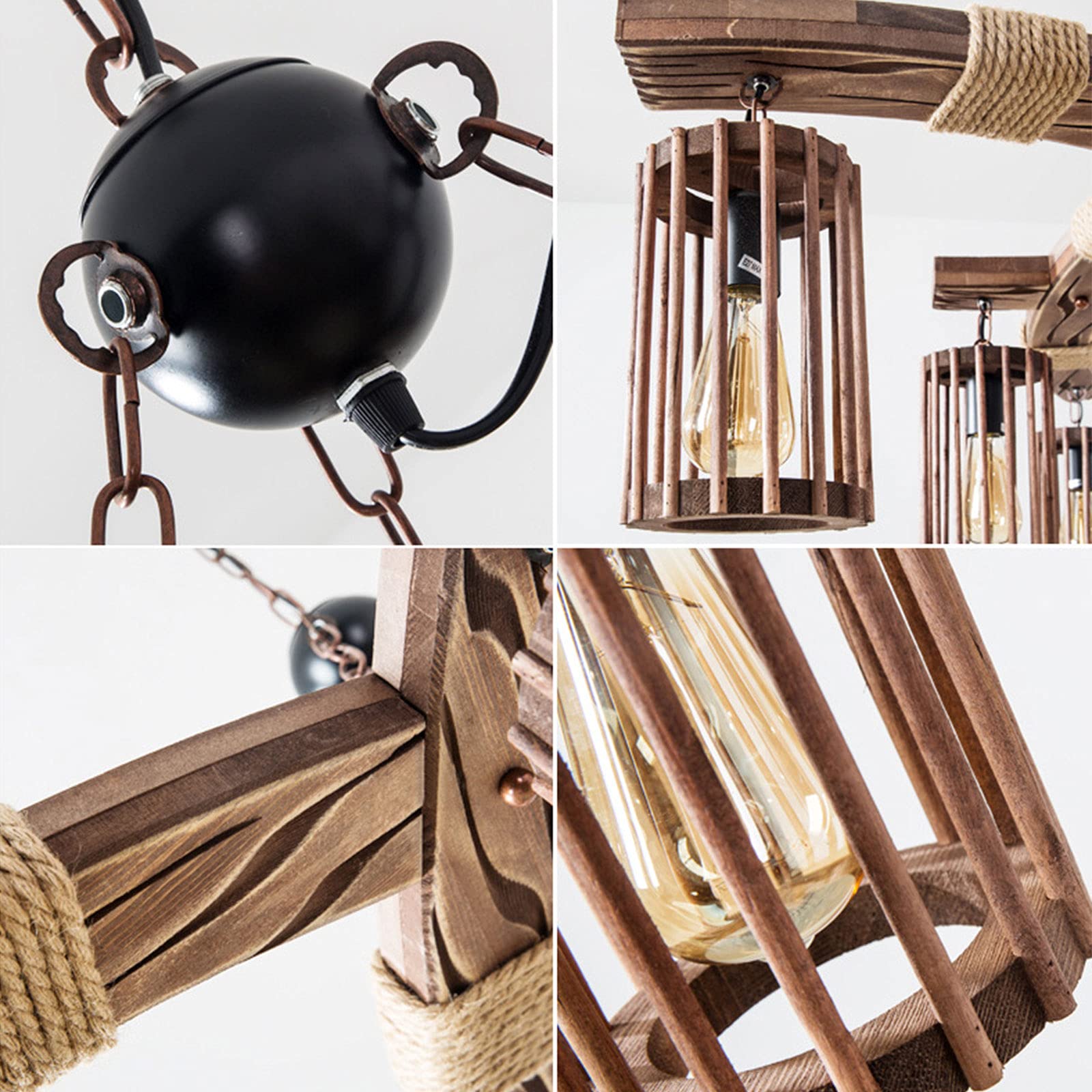 Vintage 6-Light Industrial Wooden Hanging Chandelier - Adjustable Height Black Metal Farmhouse Pendant Light with Wood Lampshade for Kitchen Island, Dining Room, Bar, Pool Table & Living Room Ceiling Lighting