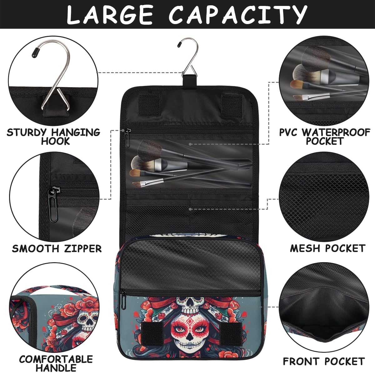 Floral Sugar Skull Hanging Toiletry Bag for Women - Waterproof Travel Makeup Organizer with Hook for Brushes & Cosmetics - Portable Bathroom Essentials Bag for Travel, Gym, and Home Use