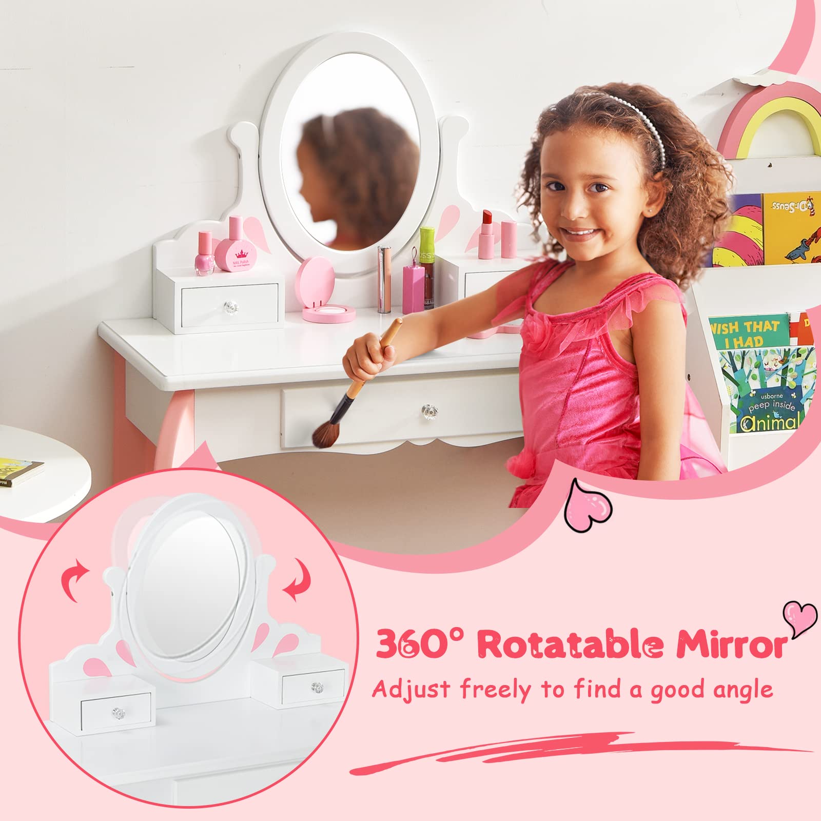 Olakids 2-in-1 Wooden Princess Vanity Set with 360° Rotating Mirror & Storage Drawer - Kids Makeup Table & Chair for Girls, Pretend Play Beauty Dressing Toy Gift (White) - Perfect for Bedroom Decor & Role Play Activities