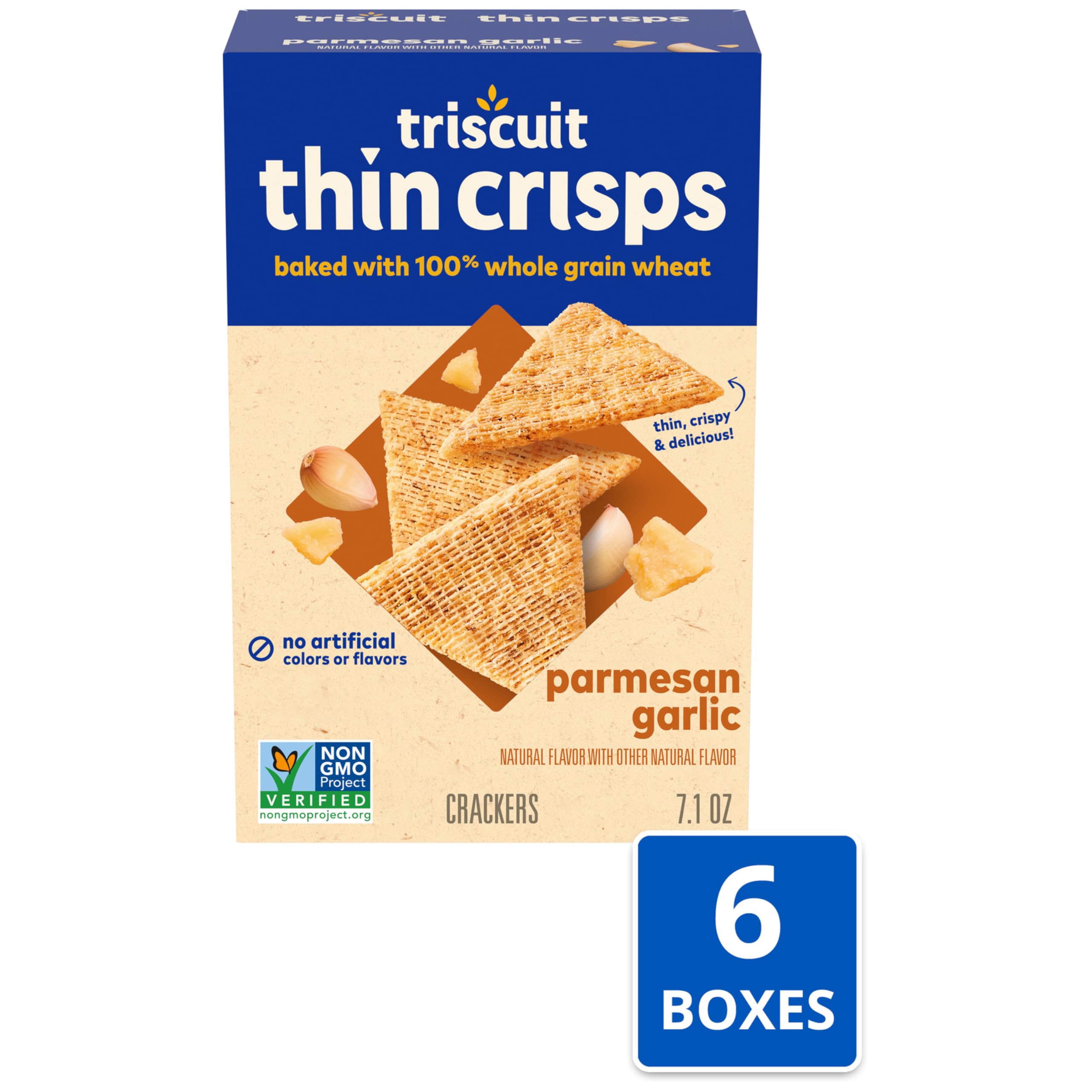 Triscuit Thin Crisps Parmesan Garlic Whole Grain Wheat Crackers - Healthy Lunch Snacks, Bulk Pack of 6 (7.1 oz Each) - Perfect for Office, School, Picnics & Party Platters