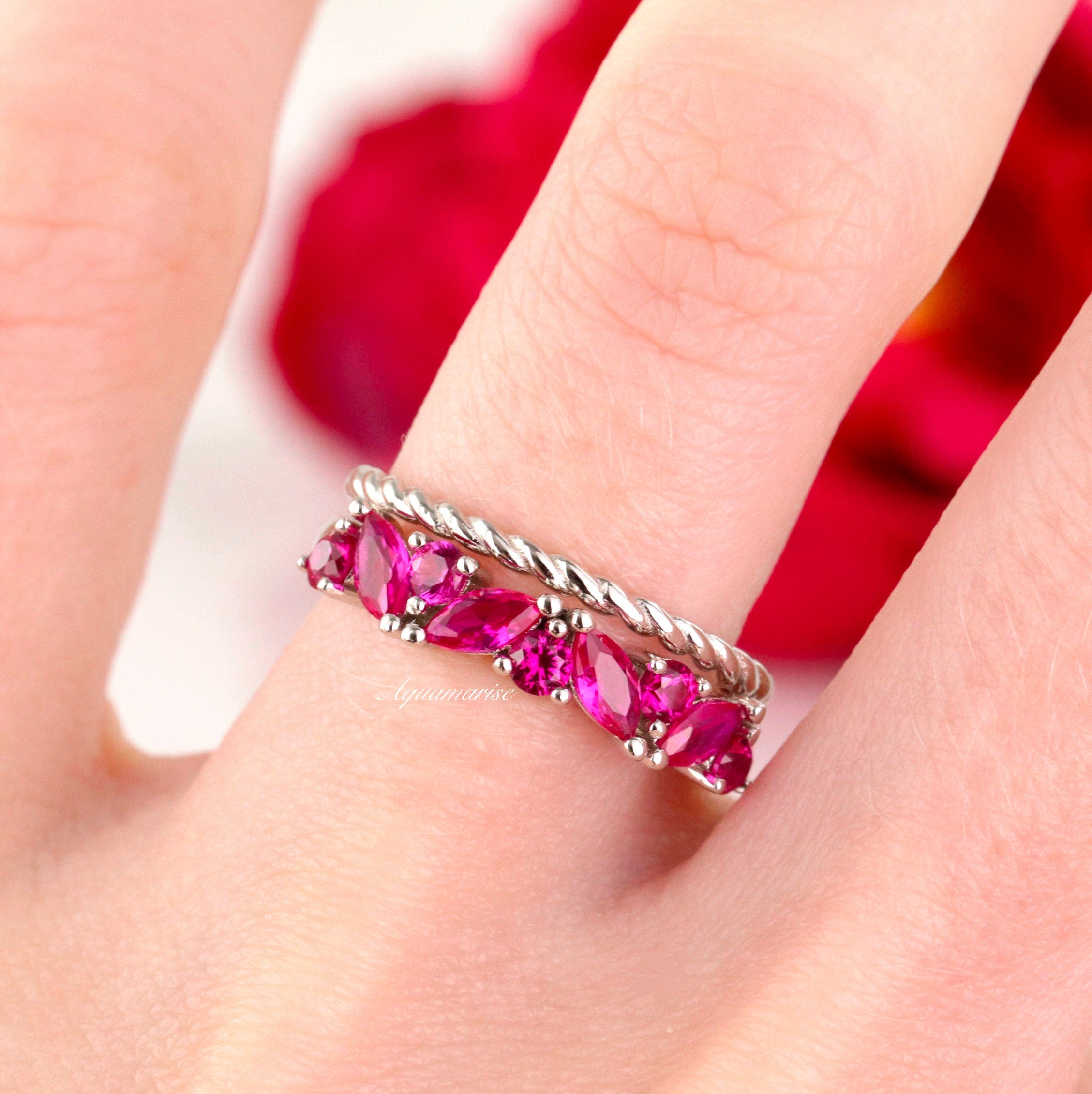 Willow Ruby Ring Set for Women - Sterling Silver 925 Stackable Rings, Elegant Gift for Valentine's Day, Anniversary, Birthday | Perfect for Everyday Wear & Special Occasions