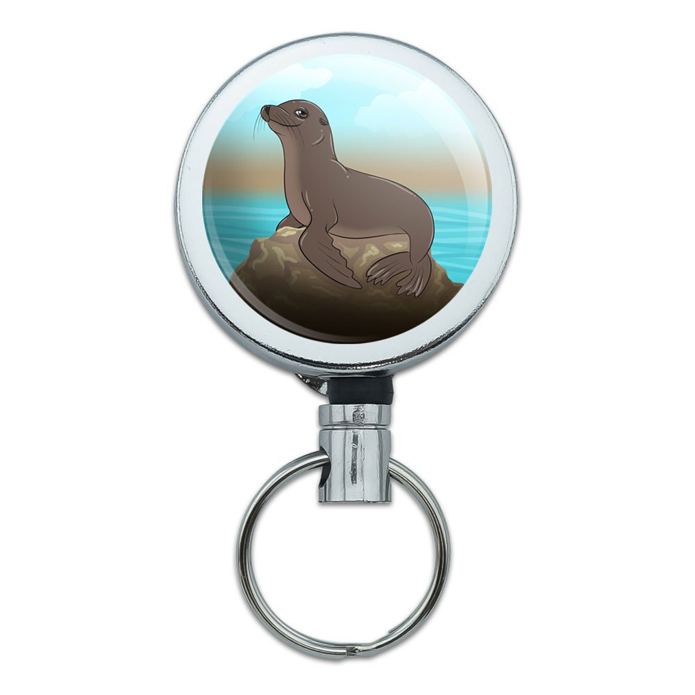 Retractable ID Badge Holder with Belt Clip - Metal Keychain Featuring Sea Lion on Rock Design | Perfect for Office, School, and Security Personnel