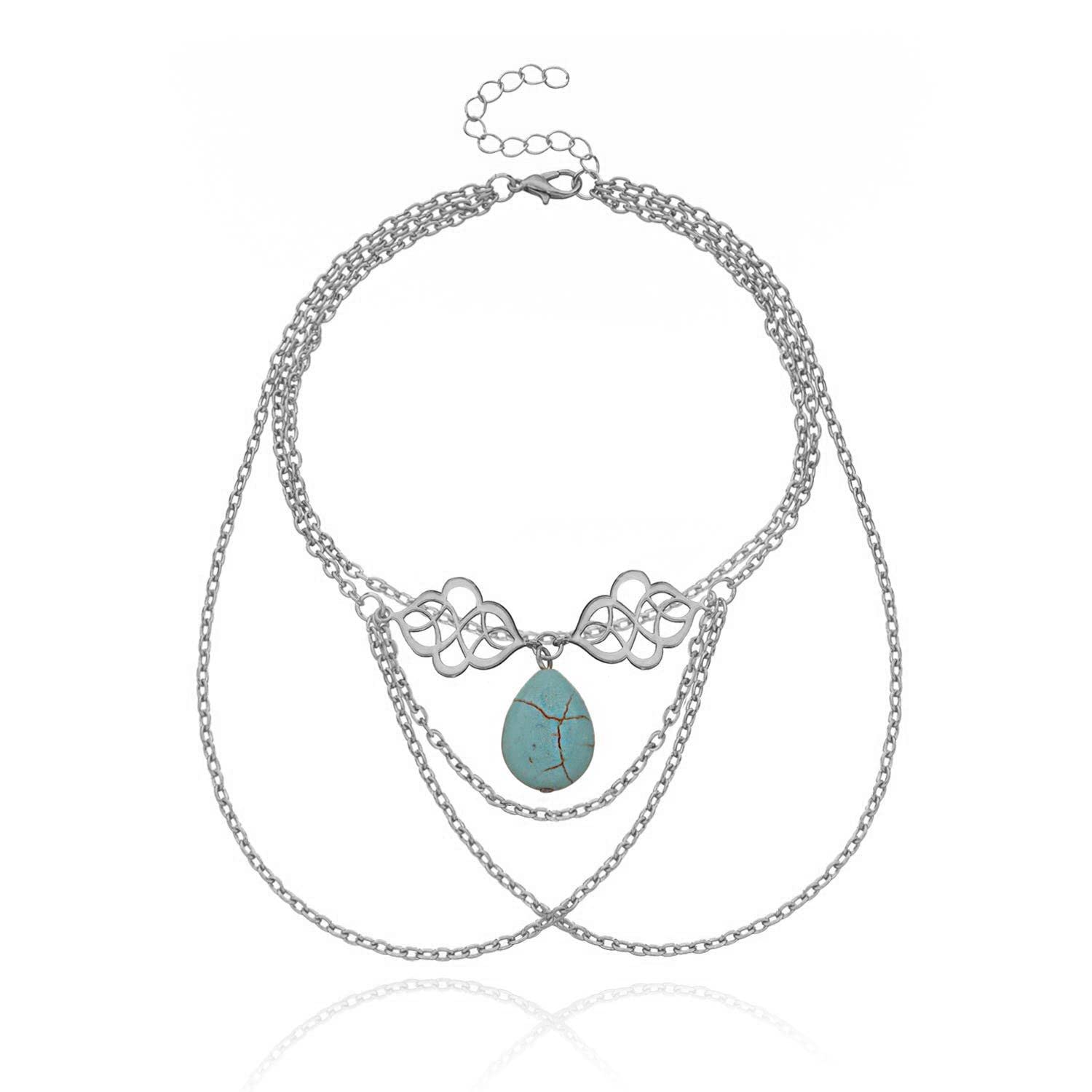 Bohemian Layered Arm Chain Turquoise Upper Armlet Lariat Tassel Multi-Layered Arm Cuff - Silver Boho Summer Beach Jewelry for Women | Perfect for Music Festivals, Beach Parties & Boho Fashion