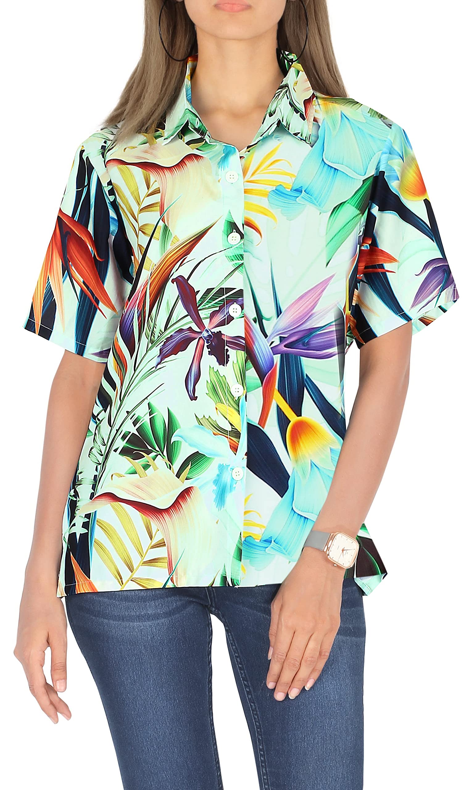 Happy Bay Women's Short Sleeve Hawaiian Shirt - Tropical Floral Print Vacation Blouse for Beach, Summer & Casual Outfits