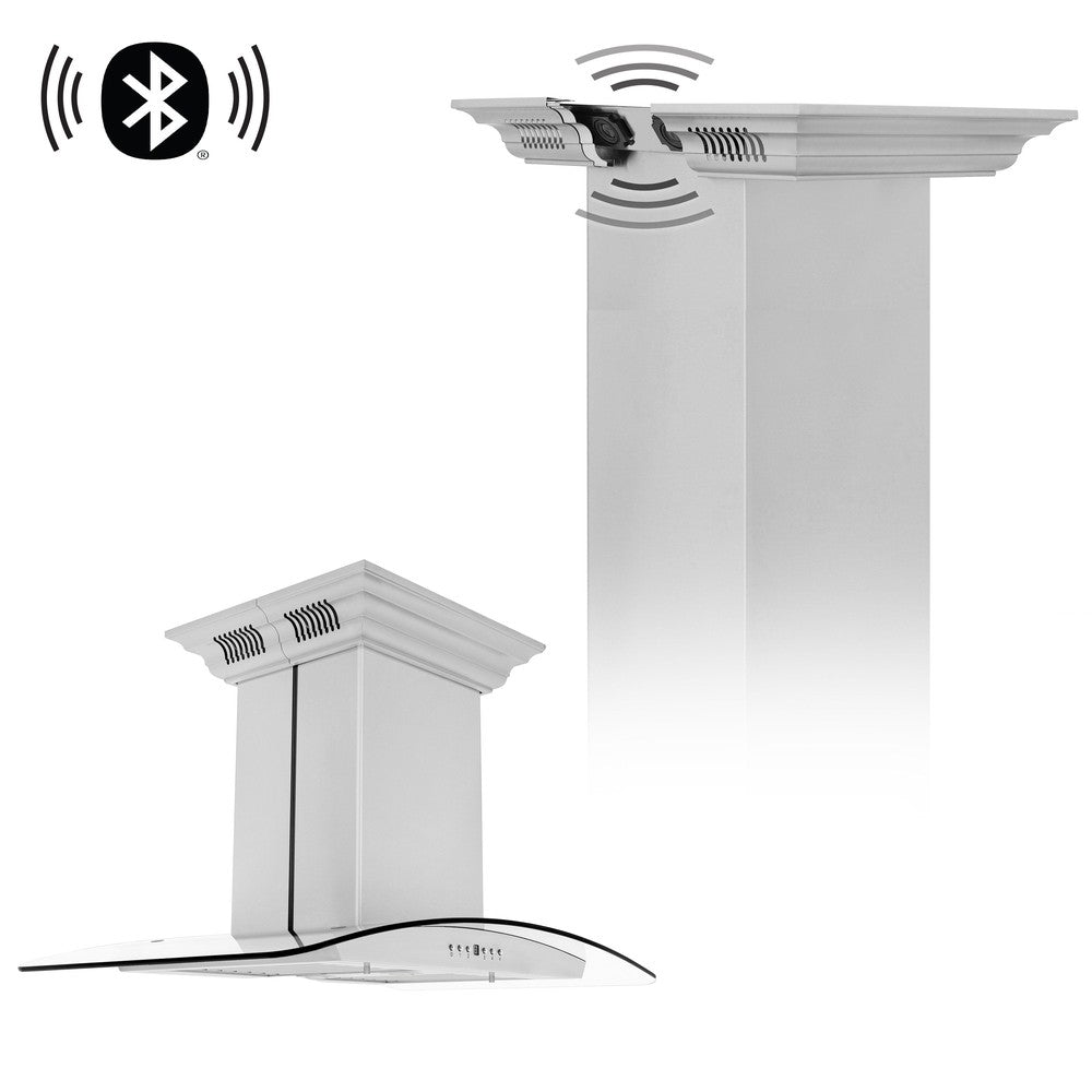 ZLINE GL5iCRN BT Stainless Steel Island Mount Range Hood with Built-in CrownSound Bluetooth Speakers - Premium Kitchen Ventilation for Modern Homes, Perfect for Cooking & Entertaining