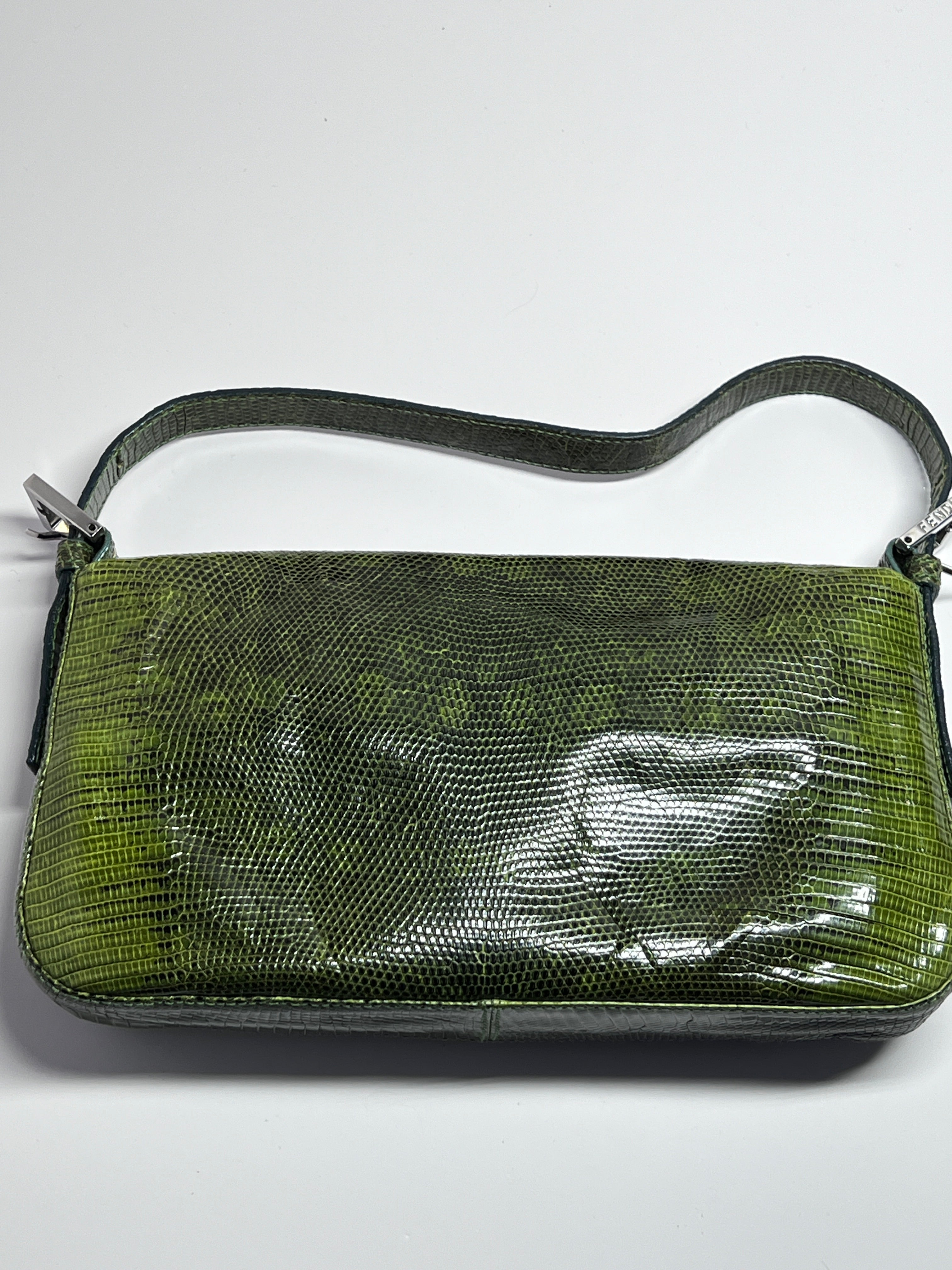 Authentic Vintage Fendi Green Lizard Skin Baguette Handbag - Luxury Designer Crossbody Purse for Women, Perfect for Evening Parties & Special Occasions