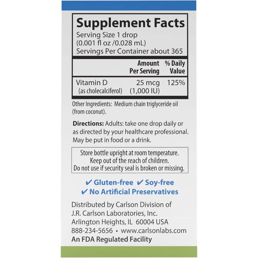 Carlson Labs Super Daily Vitamin D3 1000 IU Drops (10.3ml) - 365-Day Supply for Immune Support, Bone Health & Energy Boost - Perfect for Adults & Kids, Easy Liquid Supplement for Daily Wellness