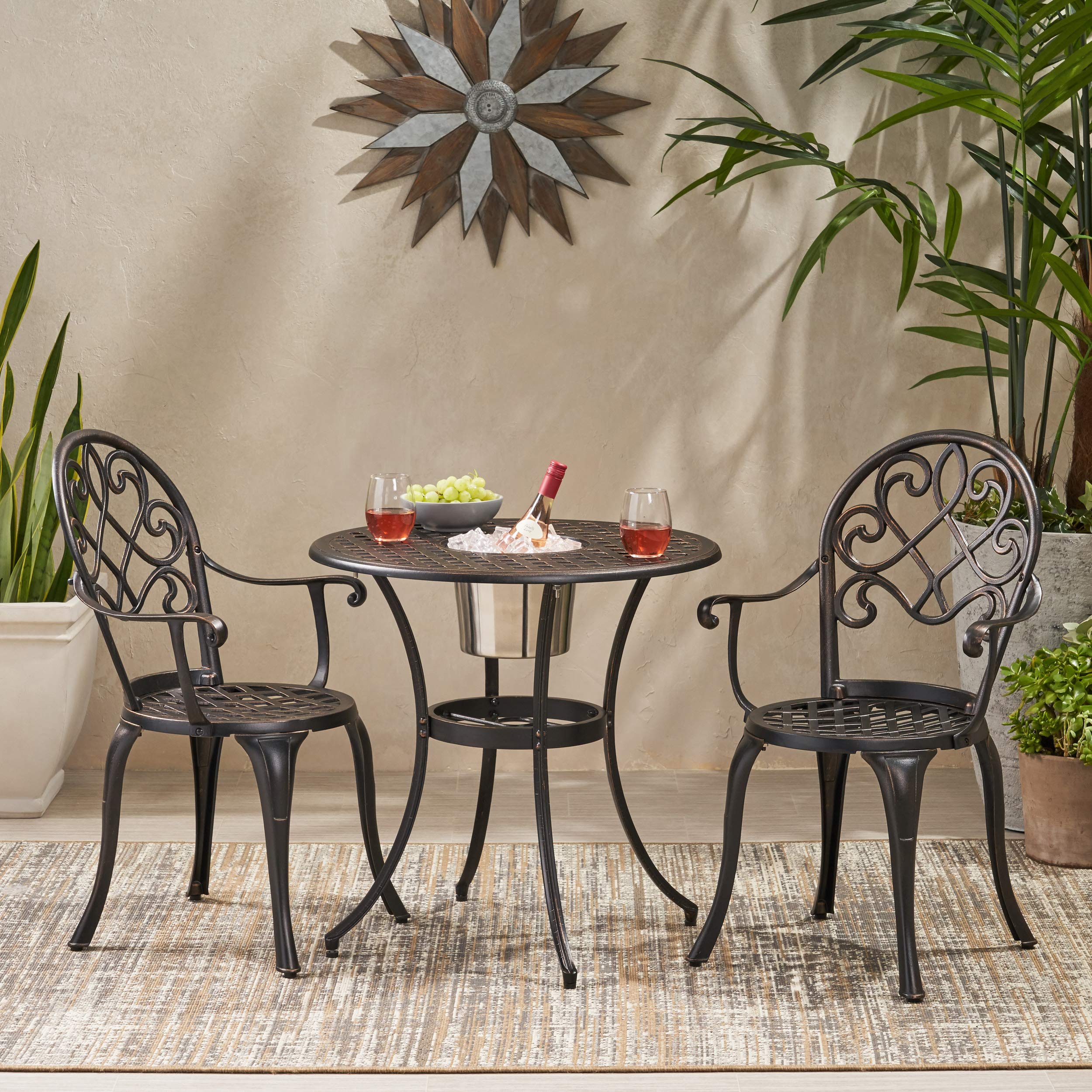 Christopher Knight Home Angeles 3-Piece Outdoor Bistro Set - Cast Aluminum Patio Furniture with Ice Bucket in Copper Finish | Perfect for Garden, Balcony & Poolside Dining