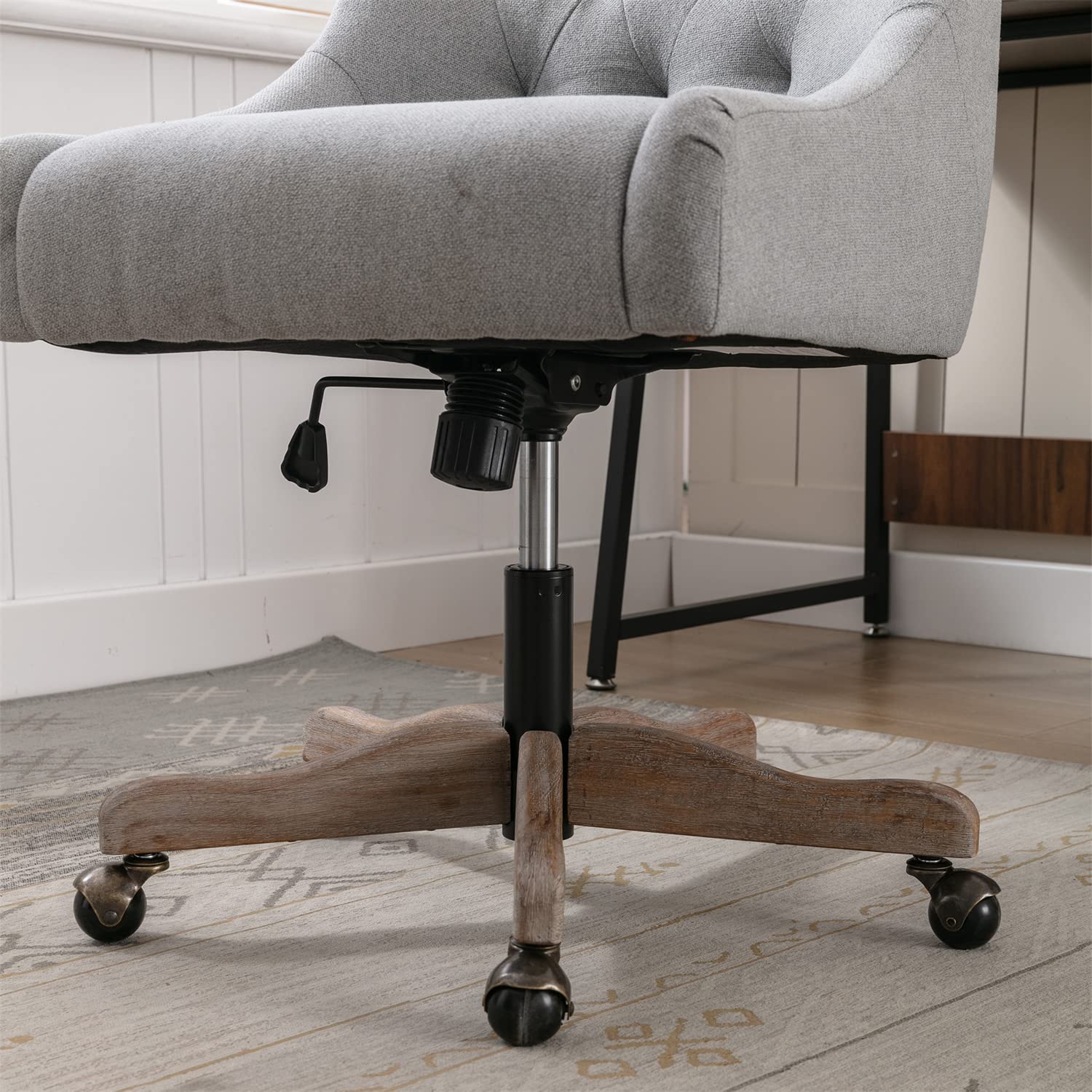 Height Adjustable Swivel Dining Chair - Upholstered Home Office Chair with Linen Fabric & Thick Padding - Solid Wood Legs Accent Leisure Vanity Chair in Grey - Perfect for Dining Rooms, Home Offices & Makeup Areas