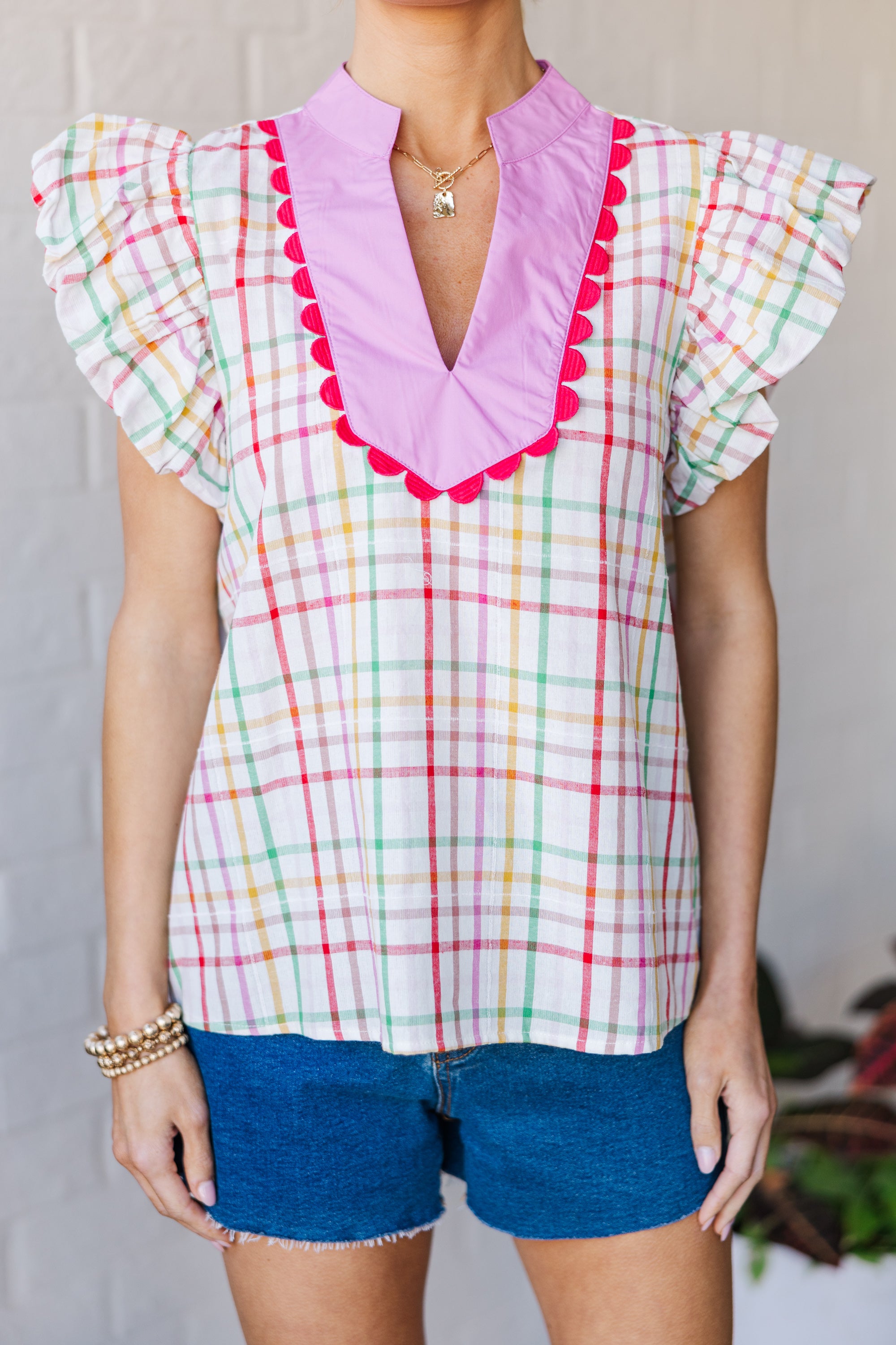 Forever Mine Off White Plaid Blouse for Women - Stylish Casual Shirt with Button Front & Long Sleeves - Perfect for Office, Date Night & Fall Outfits