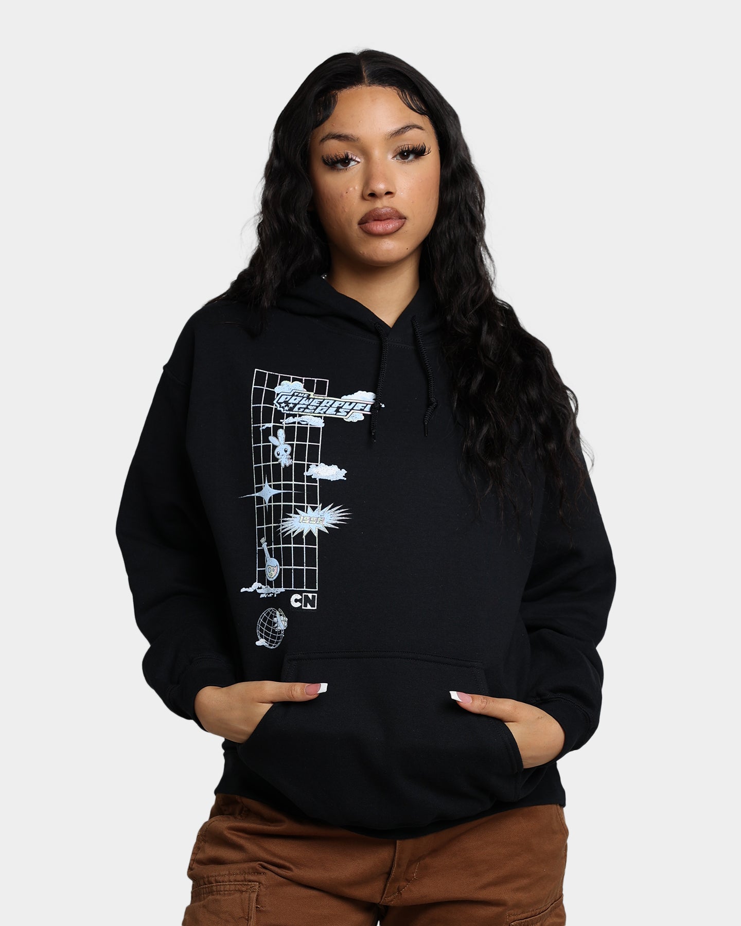 Powerpuff Girls Grid Logo Hoodie - Black Cotton Pullover Sweatshirt for Women & Men | Cartoon Graphic Streetwear | Perfect for Casual Wear, Cosplay & Gift Giving