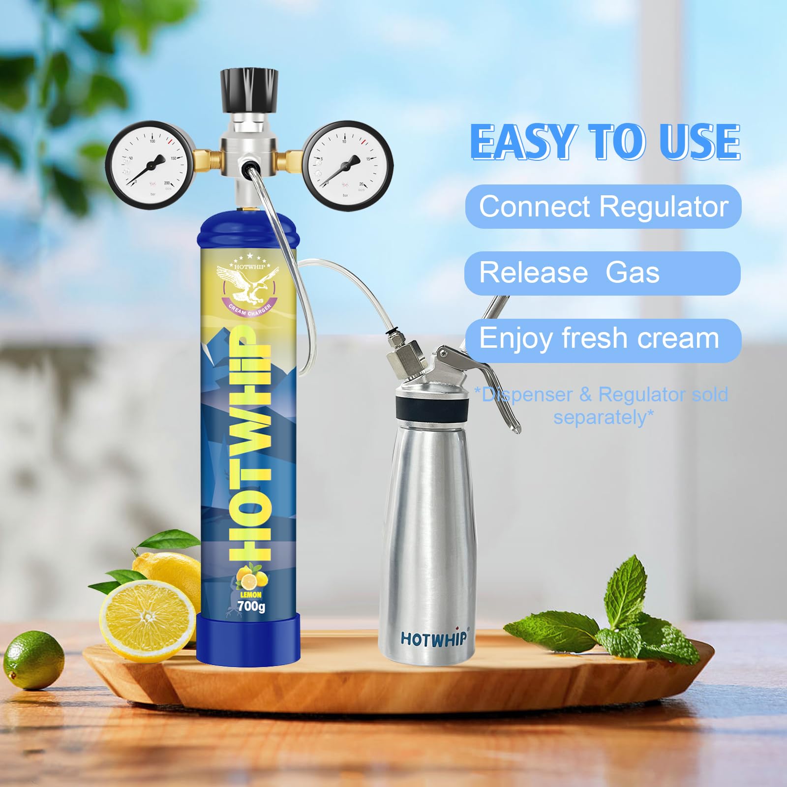 Premium Whipped Cream Dispenser - 1.1L Food Grade Stainless Steel Cream Whipper with 700g Nitrous Oxide Chargers (6 Lemon Flavor) - Perfect for Desserts, Coffee Toppings & Home Baking