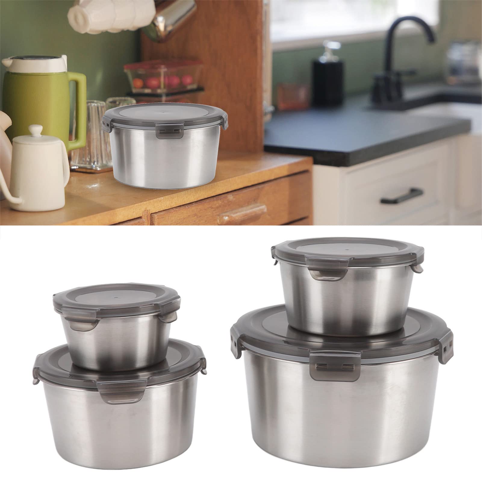 4-Piece Large Capacity Stainless Steel Food Storage Containers with Lids - Airtight, Portable Lunch Box for Work, School, Picnics & Meal Prep (Round Design)