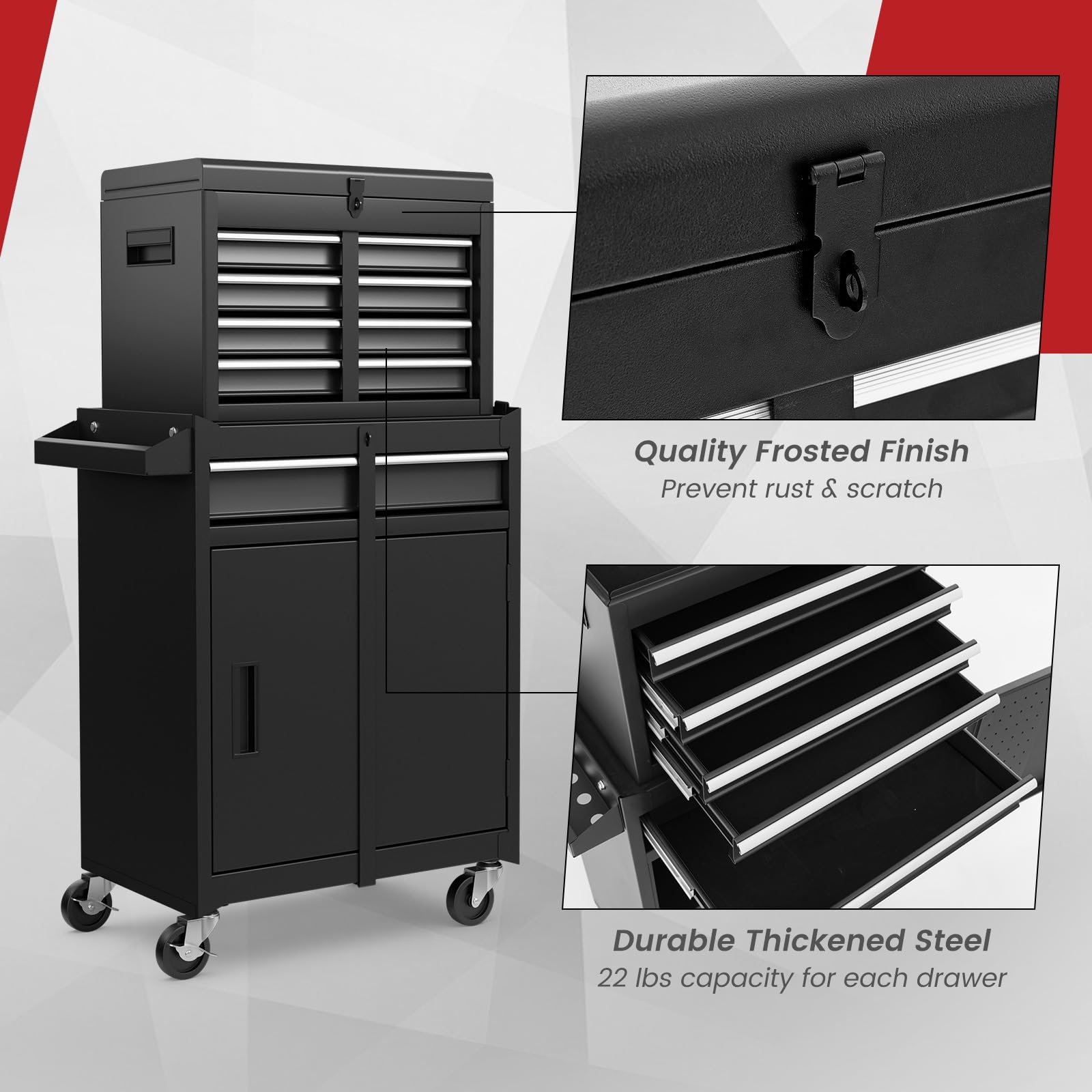 ERGOMASTER Heavy Duty 5-Drawer Rolling Tool Chest with Lockable Cabinet - Black Tool Box for Garage, Workshop & Home DIY Projects | Durable Storage for Mechanics, Carpenters & Handymen