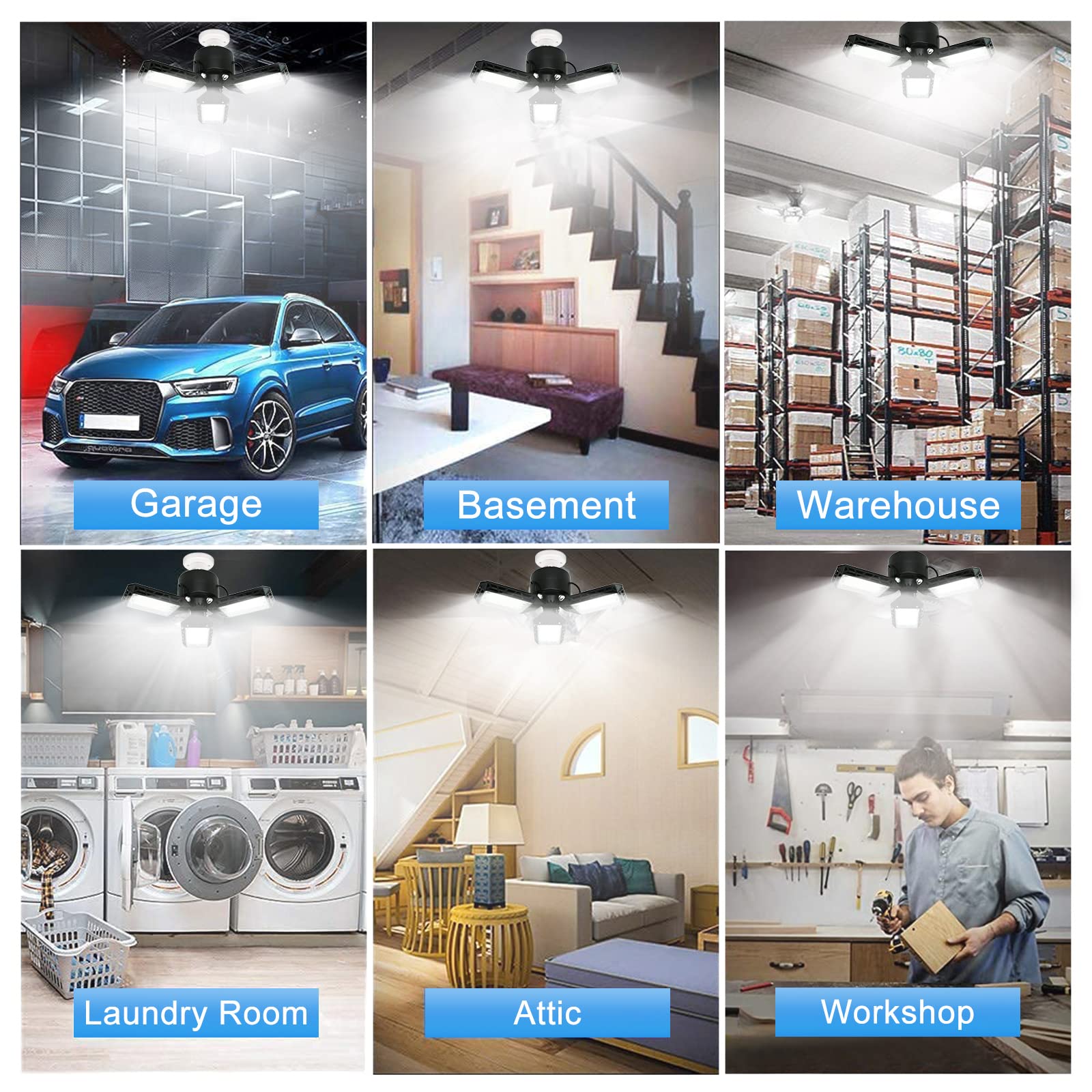 4-Pack 80W LED Garage Lights with 3 Adjustable Panels - Deformable Ceiling Lighting for Garage, Workshop, Basement - Bright & Energy-Efficient Shop Lights (Perfect for DIY Projects, Auto Repair & Home Improvement)