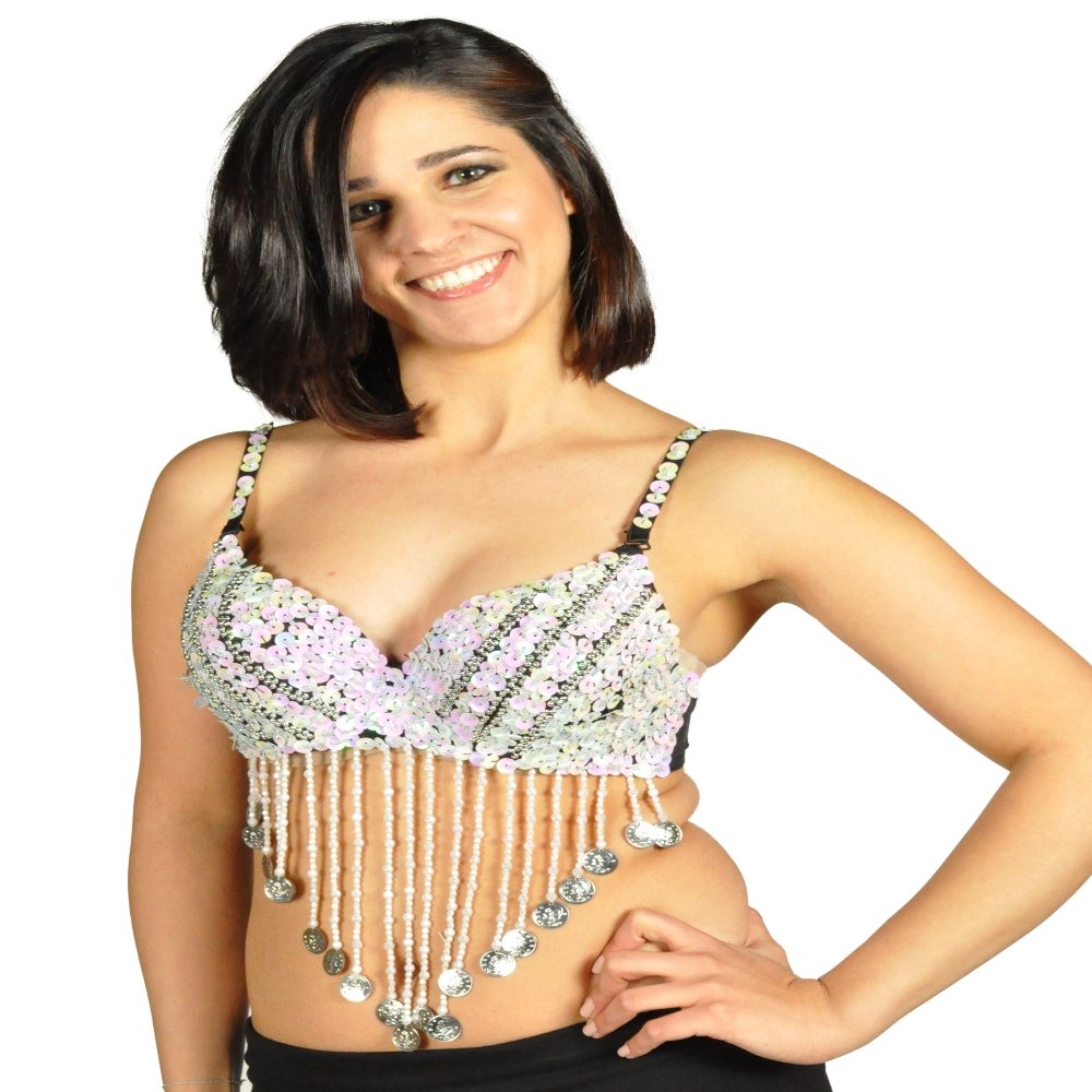 Adjustable Belly Dance Sequin Beaded Bra with Coin Fringe – Glamorous Performance Top for Costumes, Dance & Stage Shows