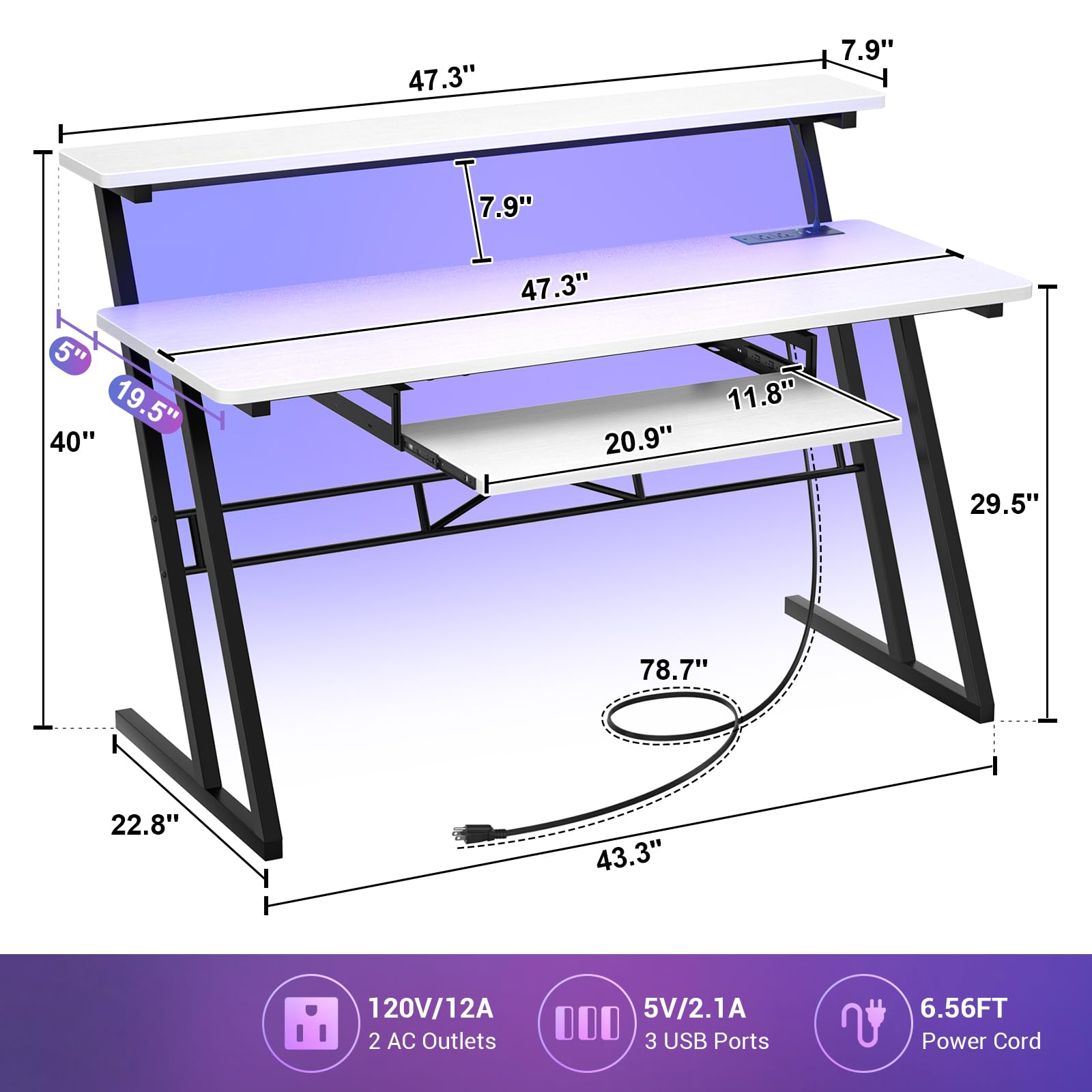Armocity Music Studio Desk with Power Outlets & RGB LED Lights - Professional Recording Studio Workstation for Music Producers, DJs & Home Studios (Matte White) - Perfect for Home Recording, Podcasting & Music Production