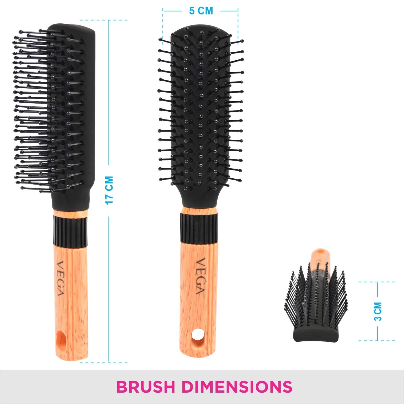Vega Mini Flat Brush with Wooden Handle & Black Bristles - Vega Graduated Dressing Comb 9 Inch Black - Perfect for Hair Styling, Detangling & Salon Use