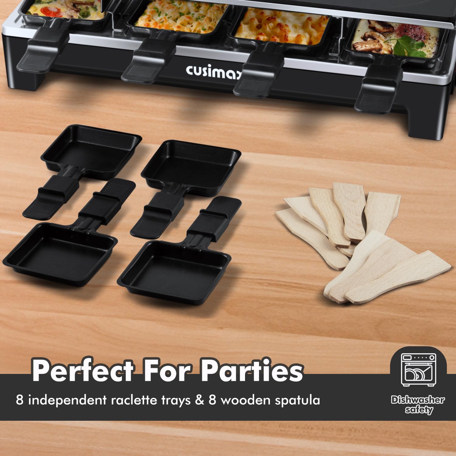 **CUSIMAX Electric Raclette Grill - 2-in-1 Non-Stick Indoor Grill & Korean BBQ with Adjustable Temperature, 8 Raclette Pans & Wooden Spatulas - Perfect for Family Dinners, Parties & Fondue Nights**
