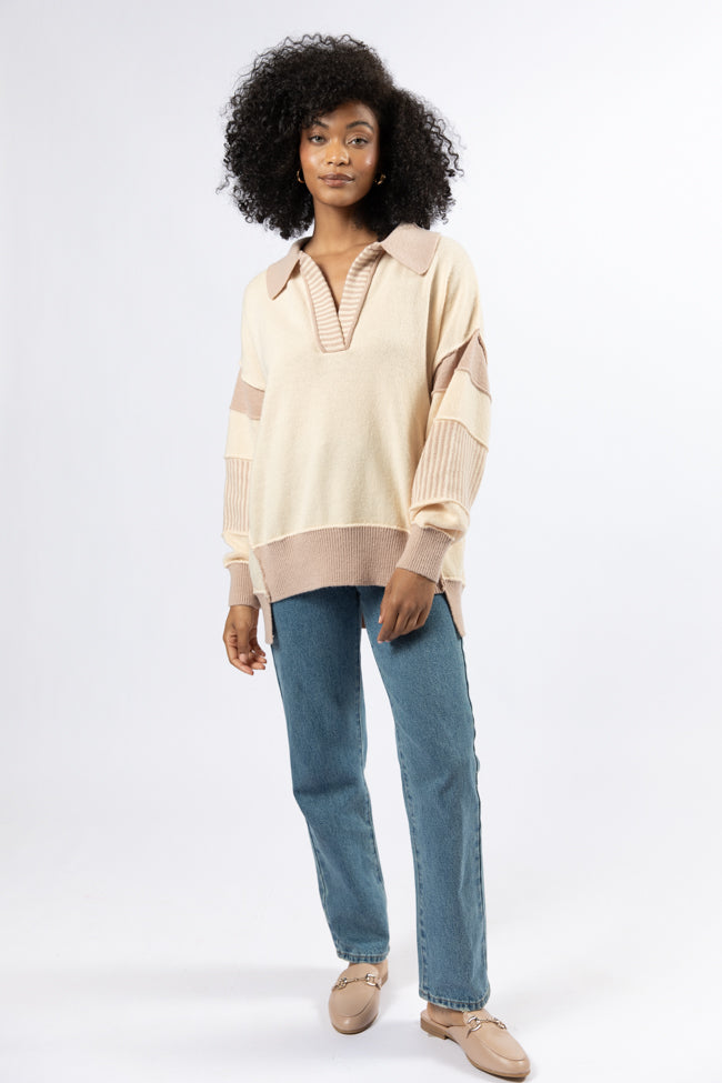Think About It Cream and Mauve Collared Oversized Sweater for Women | Cozy Winter Pullover | Perfect for Casual Outfits, Office Wear & Date Nights