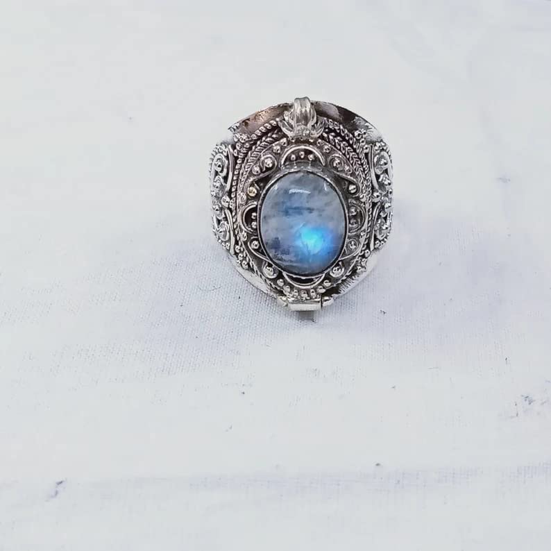 Natural Rainbow Moonstone Ring | Oval Gemstone Jewelry | June Birthstone Ring | Artisan Designed Locket Ring with Blue Flash | Perfect for Gift Giving, Weddings & Boho Fashion