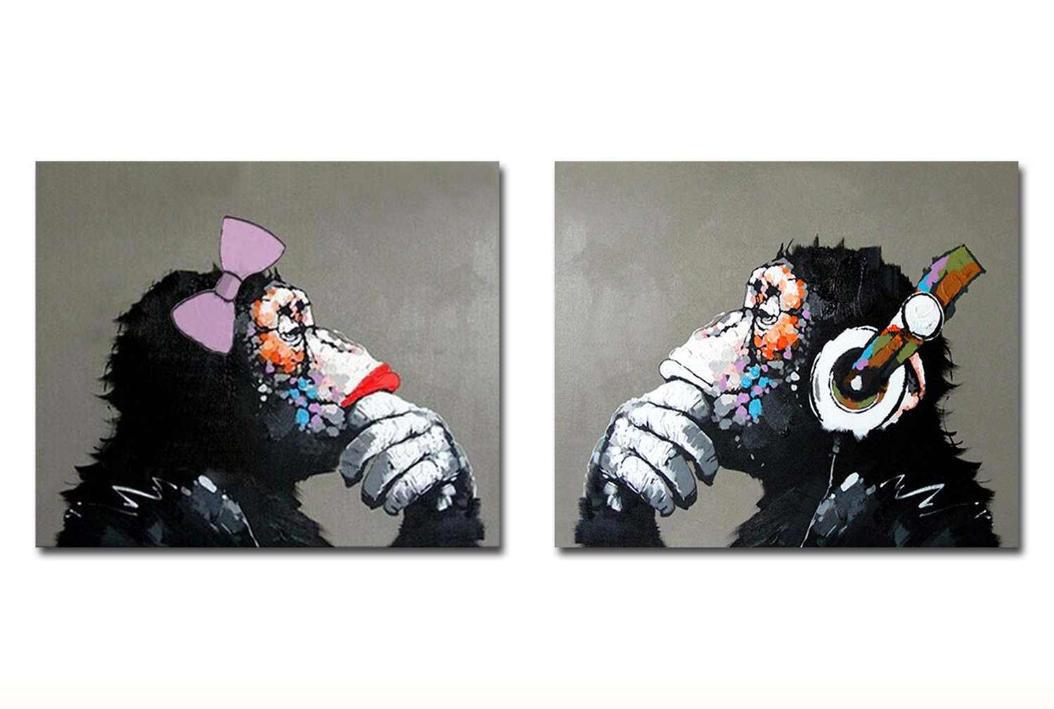 Hand-Painted Muzagroo Art Music Monkey Oil Painting on Canvas - 20x24 Inches Wall Art for Living Room, Bedroom & Office Decor - Ready to Hang (Set of 2)