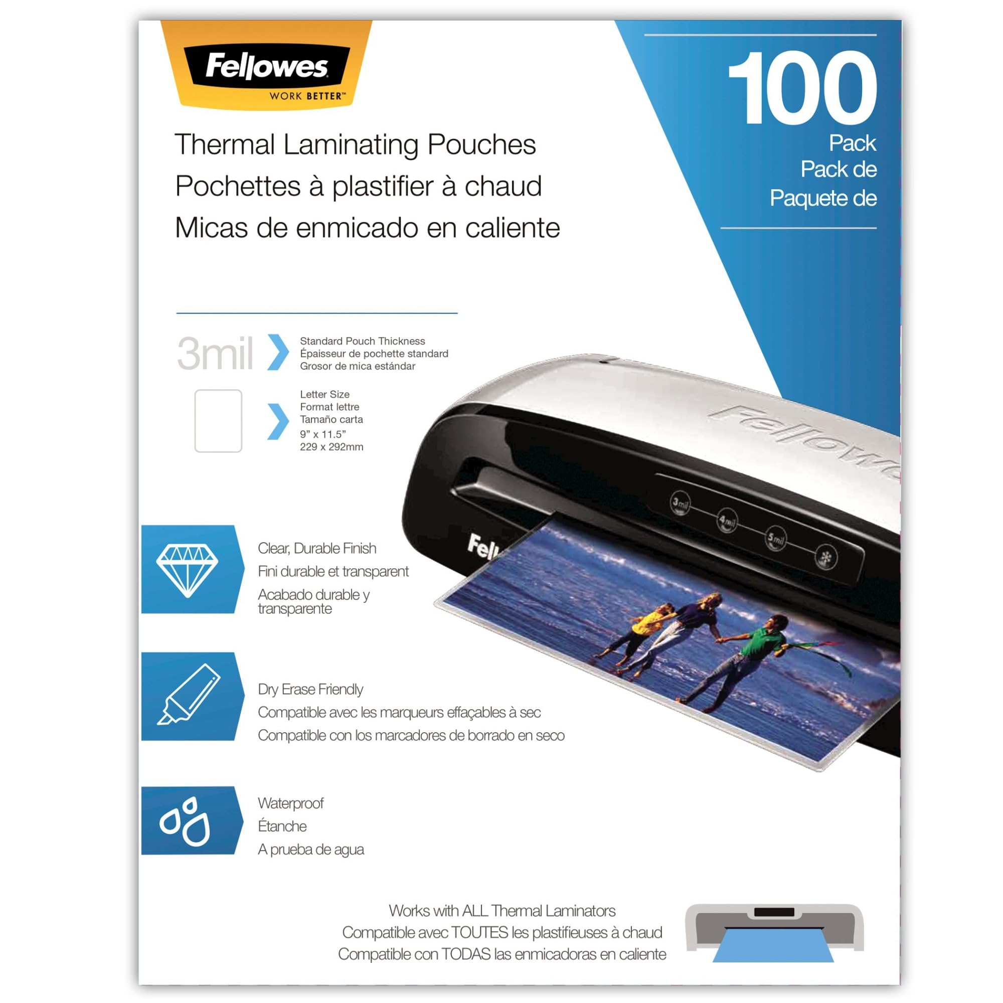 Fellowes 3 Mil Letter Size Thermal Laminating Pouches - 100 Pack (5743301) | Ideal for Documents, Photos, ID Cards & School Projects