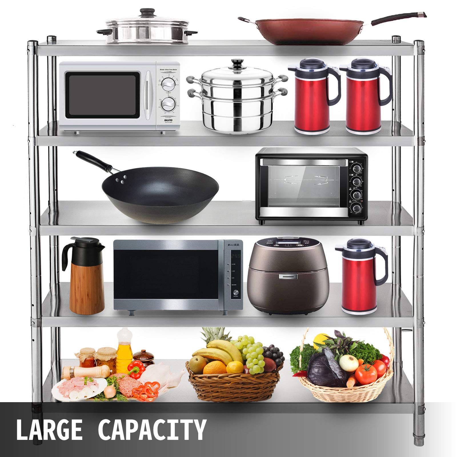 VEVOR 5-Tier Stainless Steel Shelving Unit 48x18.5 Inch, Heavy Duty Adjustable Storage Shelf for Kitchen, Commercial, Office, Garage - 330lb Capacity Per Shelf | Perfect for Pantry Organization, Warehouse Storage & Retail Display