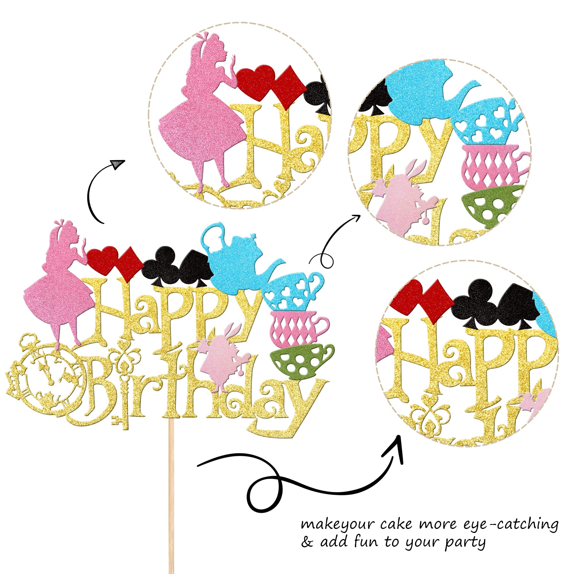 1 PCS Magic Alice Birthday Cake Topper - Glitter Magical Poker Bunny Bowl Clock Fairy Cake Decor for Baby Shower, Kids Birthday Party, Tea Party & Special Events - Perfect for Unicorn, Princess, Wonderland Themed Celebrations