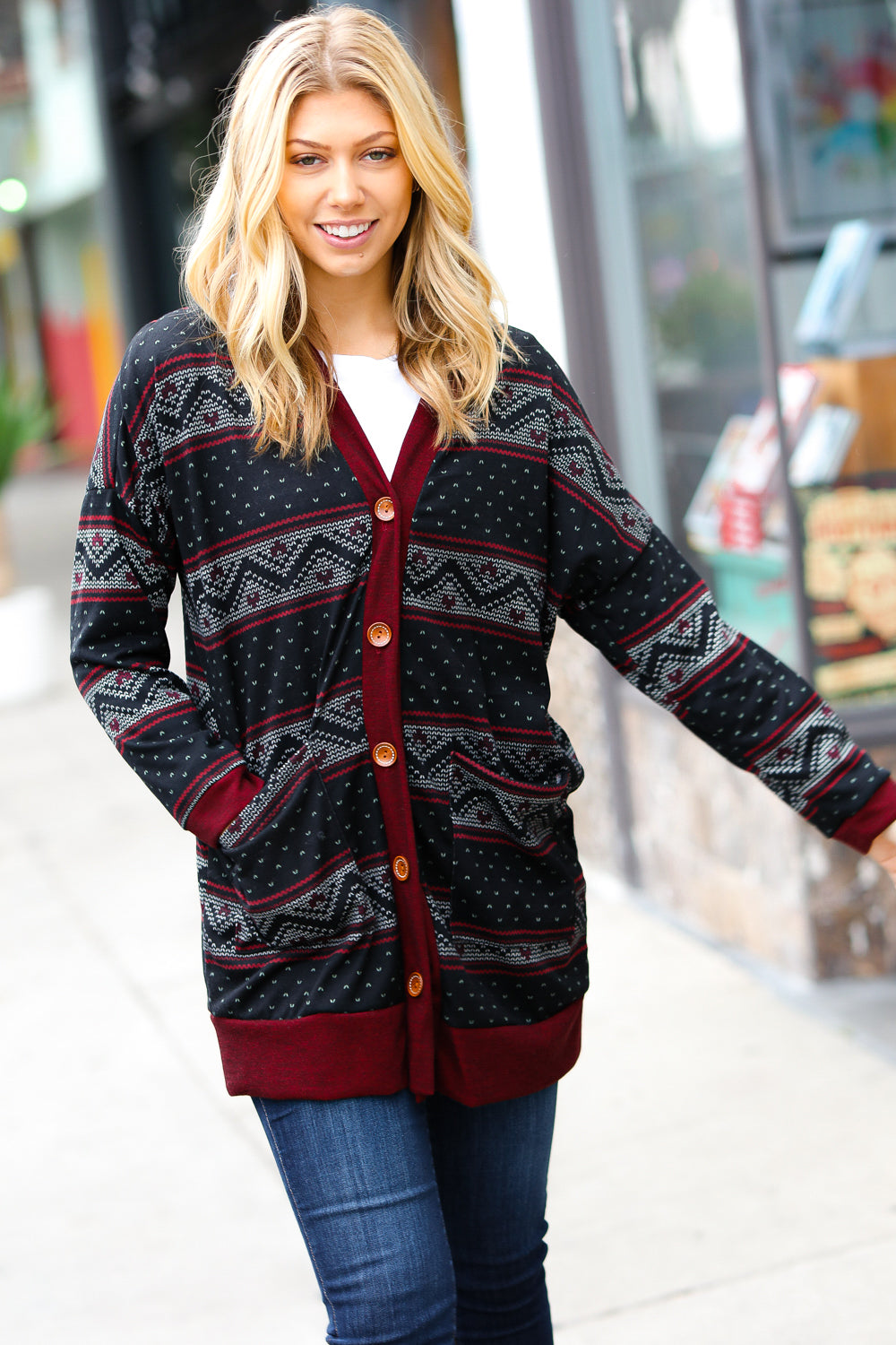 Classic Burgundy Holiday Print Button Cardigan for Women - Cozy Christmas Sweater for Holiday Parties & Family Gatherings
