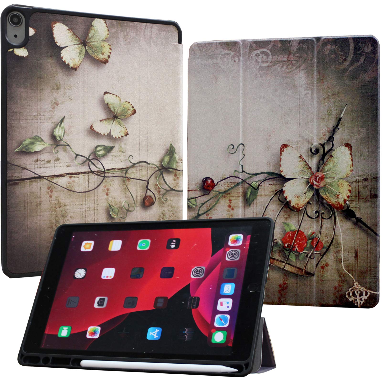 Shockproof Trifold Stand Smart Case for iPad Air 5th Gen 2022 & Air 4th Gen 2020 (10.9 inch) - Protective Cover for Models A2588 A2589 A2591 A2316 A2324 A2072 | Butterfly Flower Design | Perfect for Work, Study & Travel