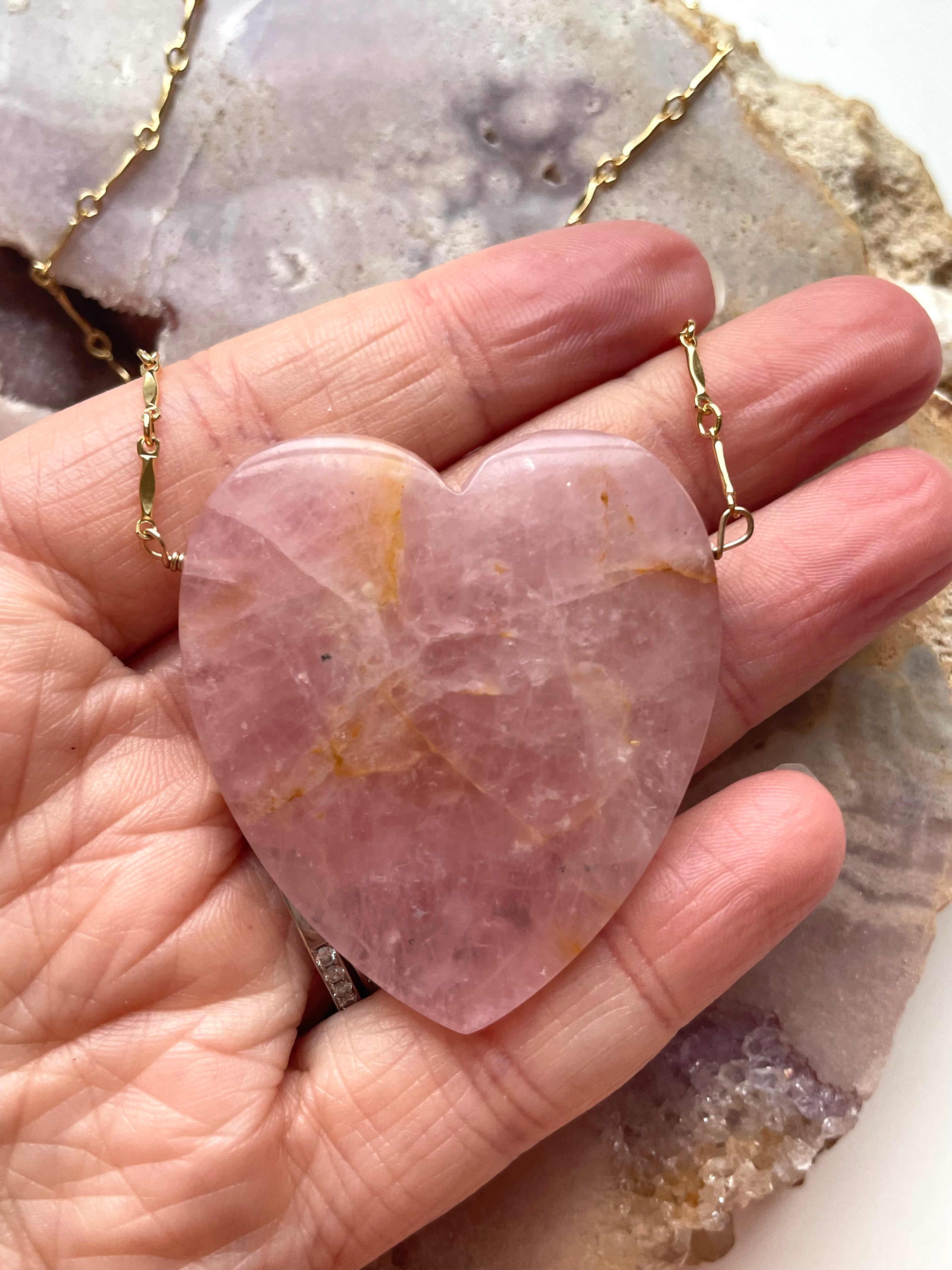 Large Rose Quartz Heart Pendant Statement Necklace - 14K Gold Filled Crystal Jewelry for Women, Gift for Her, Valentine's Day, Anniversary & Special Occasions