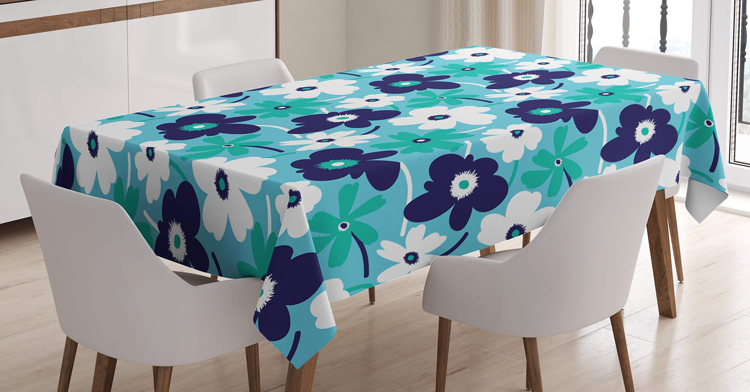 Ambesonne Aqua Tablecloth - Spring Flowers on Blue Backdrop, Nature Inspired Rectangular Table Cover for Dining Room & Kitchen Decor, 60