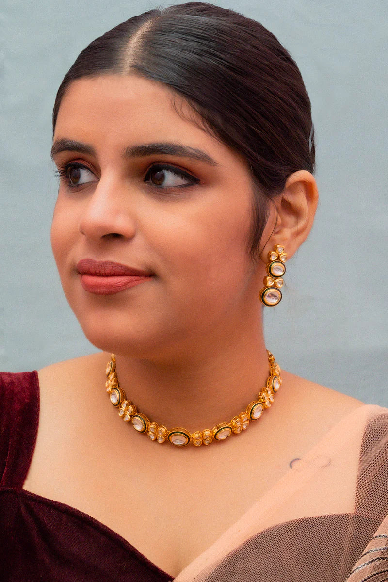 Luxury Gold Plated Royal Kundan Necklace and Earrings Set for Women - Indian Bridal Jewelry, Wedding Party Accessories, Ethnic Fashion Statement (D832)