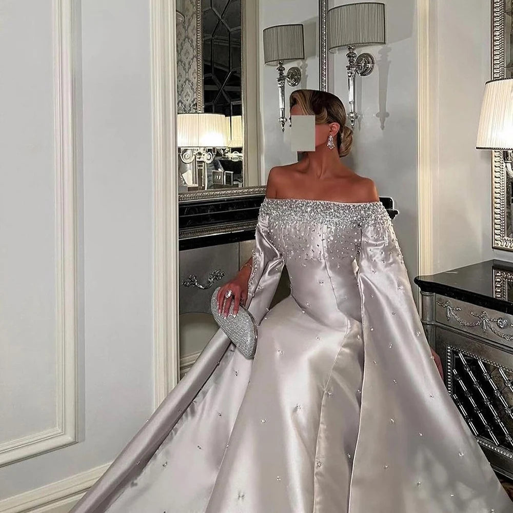 Luxury Dubai Off Shoulder A-Line Gray Satin Evening Gown with Pearl Beading - Elegant Formal Dress for Prom, Wedding & Gala Events LA72779