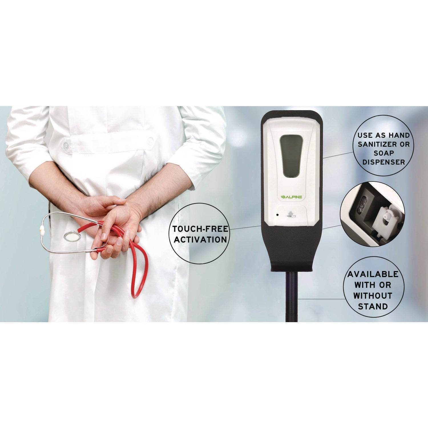 Alpine Industries Automatic Touchless Foam Hand Sanitizer & Soap Dispenser with Adjustable Floor Stand - 40 oz Capacity, White - Ideal for Hospitals, Restaurants, Schools, and Public Spaces