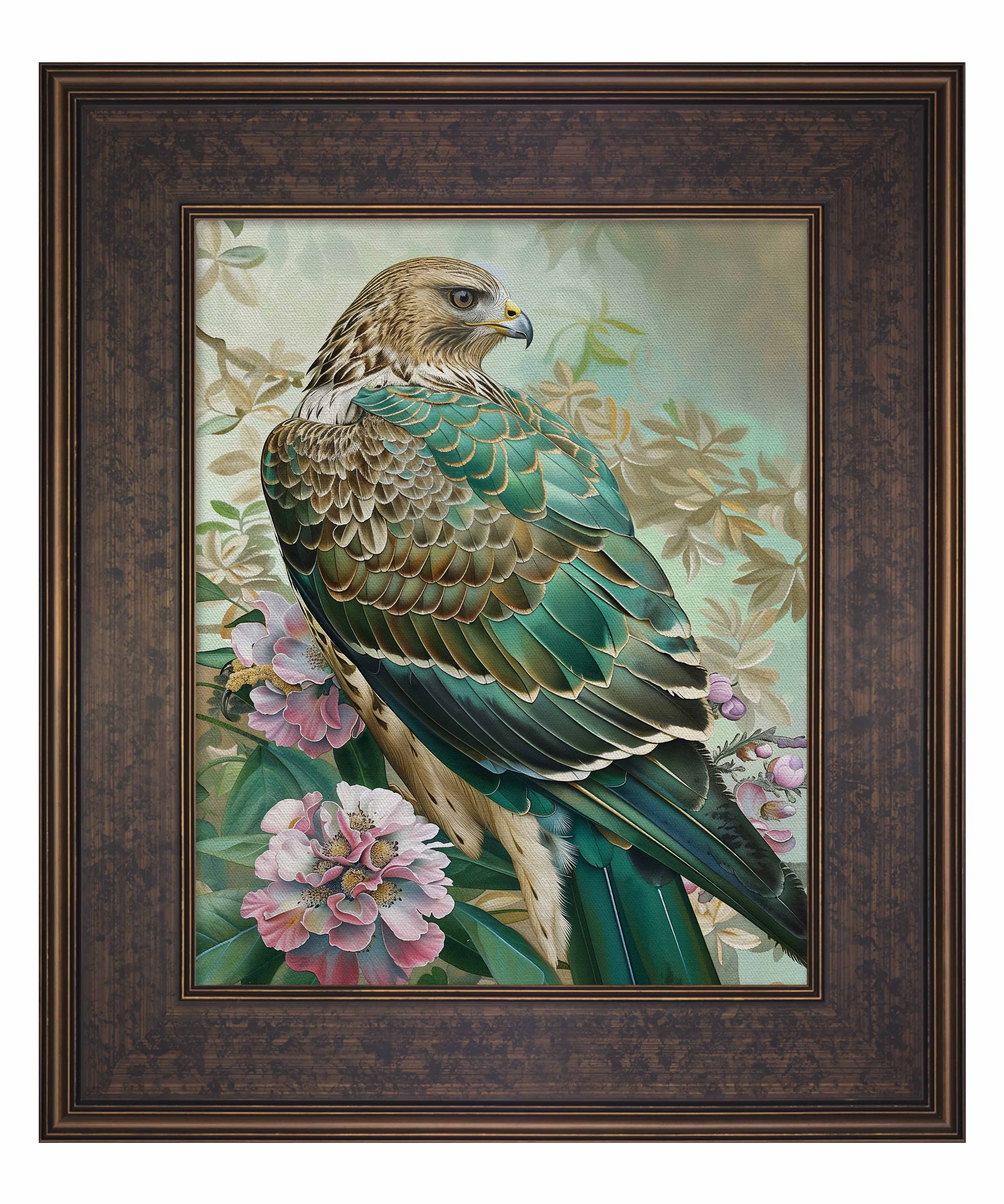 Emerald Majesty Hawk Amidst Blossoms Limited Edition Canvas Wall Art - Nature Inspired Home Decor for Living Room, Bedroom & Office