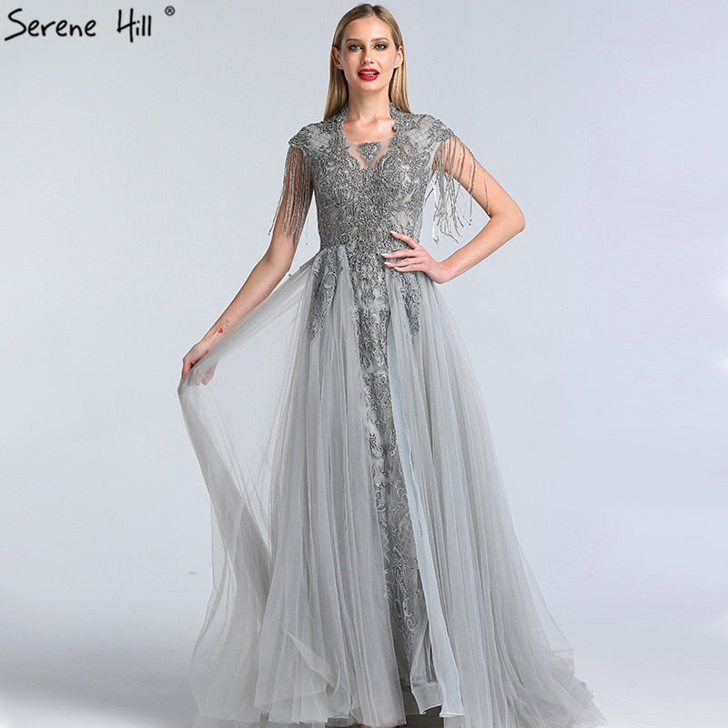 Elegant Grey Luxury Mermaid Evening Gown with Train & Cap Sleeves Beading for Women - Perfect for Prom, Gala & Formal Parties 2025