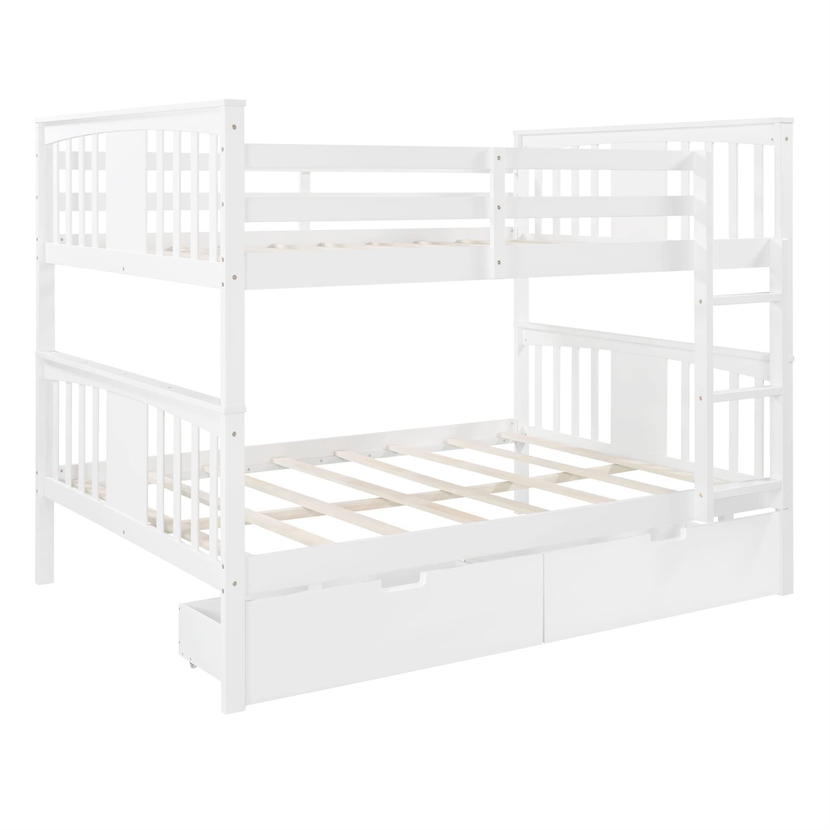 Full Over Full Bunk Beds with 2 Drawers - Sturdy Wood Bunk Bed Frame for Kids, Teens & Adults - Detachable Design for Boys, Girls, Women & Men - White - Perfect for Small Bedrooms, Guest Rooms & Dormitories