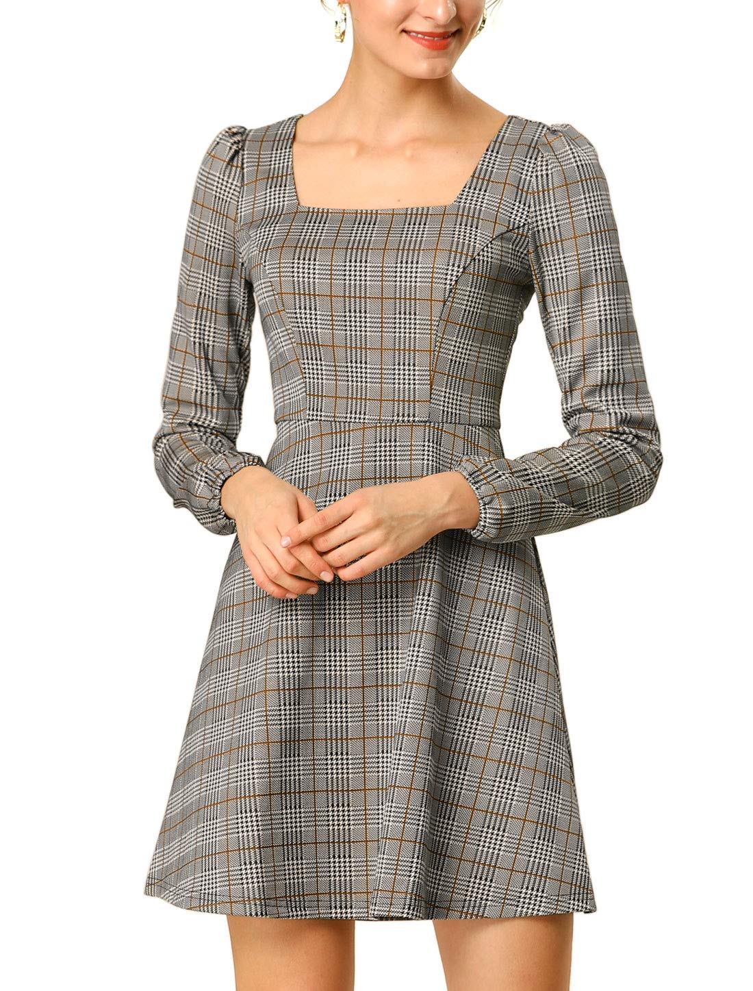Allegra K Women's Vintage Retro Plaid Mini Dress - Square Neck Long Sleeve Spring Floral Dress for Casual Outings, Date Nights & Office Wear