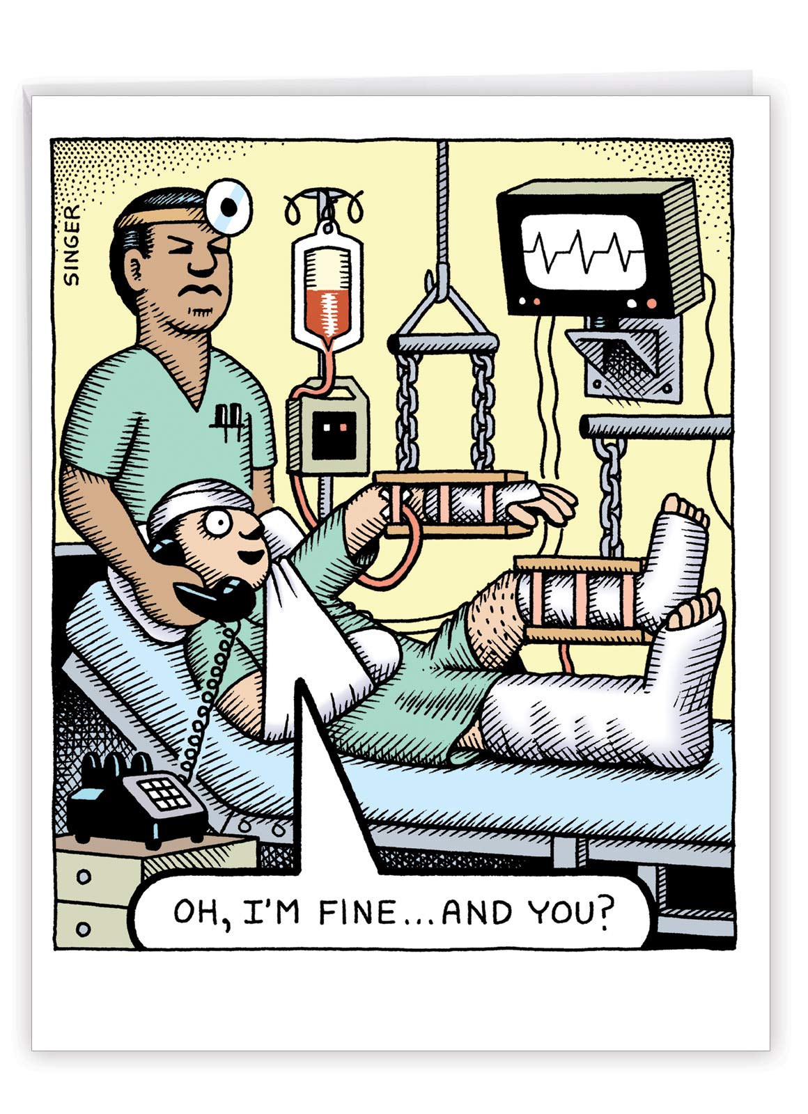Jumbo Funny Get Well Soon Greeting Card - 8.5 x 11 Inch Humorous Cartoon Feel Better Card - I'm Fine J2592GWG - Perfect for Hospital Visits, Recovery Gifts & Cheering Up Loved Ones