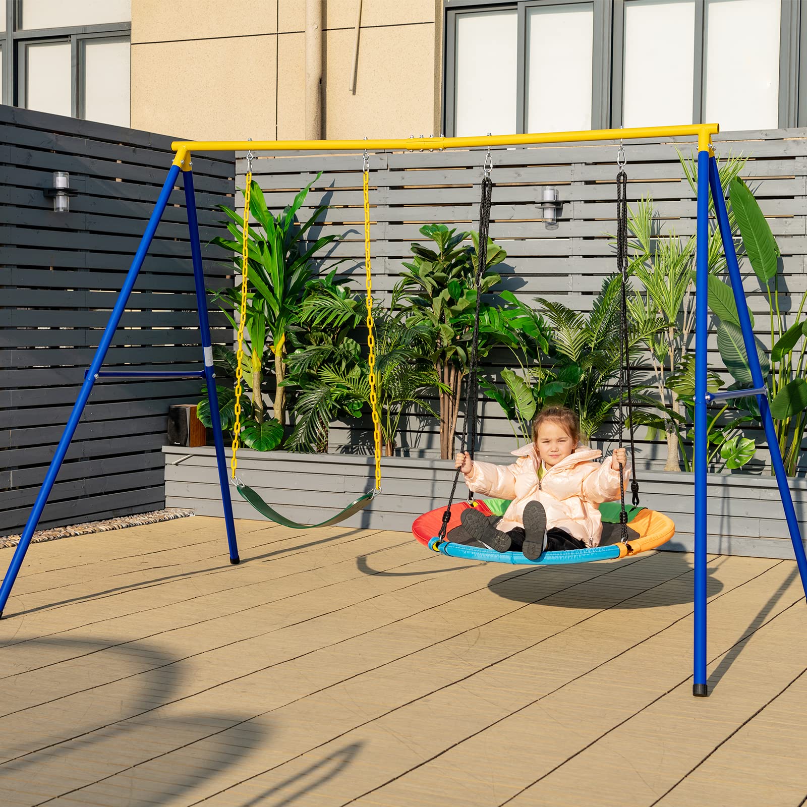 KOMFOTTEU Outdoor A-Frame Metal Swing Set for Kids - Double Swing with Adjustable Ropes, 300kg Weight Capacity, 249x185x181.5cm - Perfect for Garden, Backyard, and Playground Fun (Ages 3+)