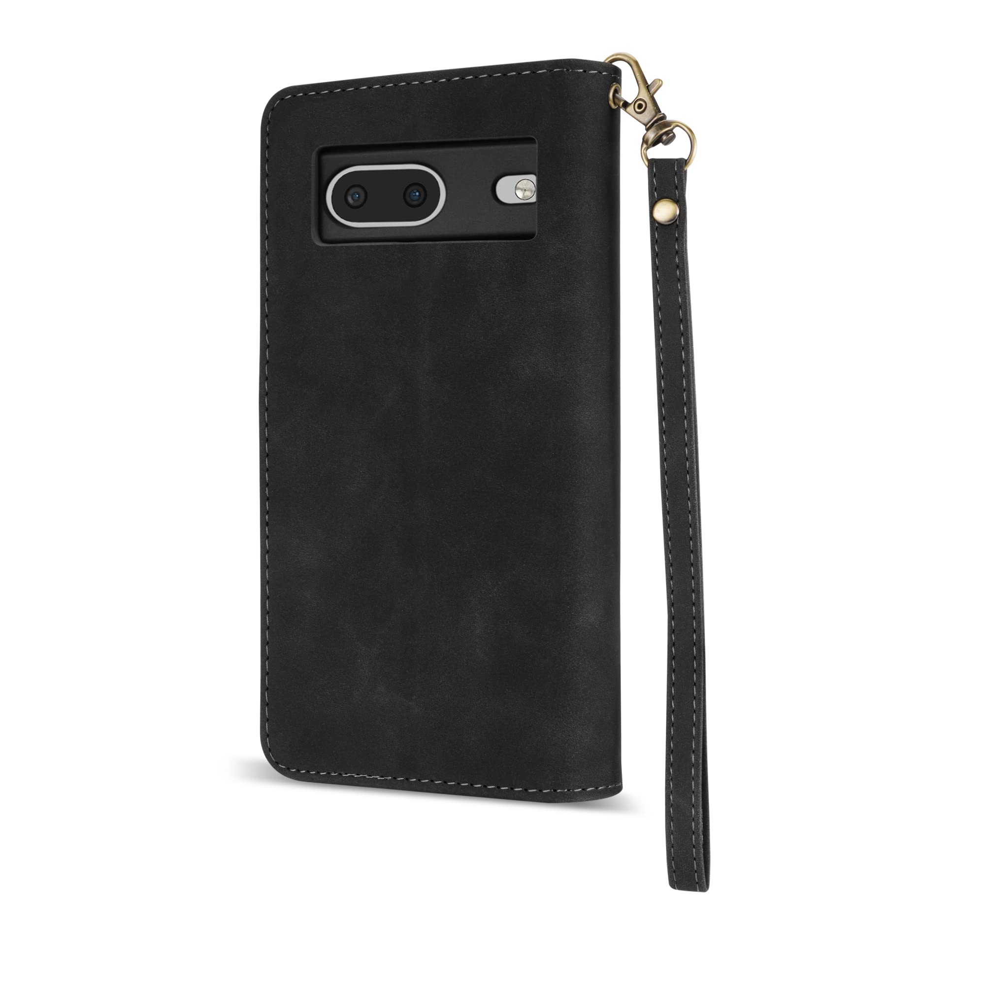 Premium Soft PU Leather Zipper Flip Wallet Case with RFID Blocking & Kickstand for Google Pixel 6A (6.1 inch Black) - Protective Cover with Wrist Strap, Perfect for Travel, Work & Everyday Use