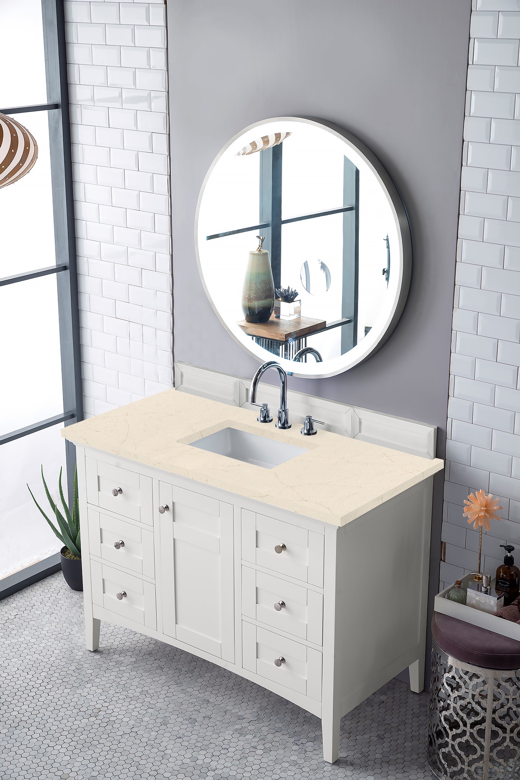 Palisades 48 Inch Single Bathroom Vanity Set with 3CM Eternal Marfil Quartz Countertop in Bright White - Perfect for Modern Bathroom Remodeling and Home Renovation Projects
