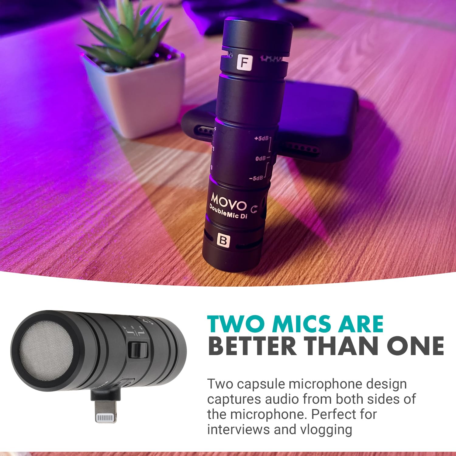 Movo DoubleMic-DI Dual Capsule iPhone Microphone - MFi Certified Lightning Condenser Mic for iPhone & iPad - Professional Two-Sided Cardioid Mic for Video Recording, Podcasting & Live Streaming (iOS Compatible) - Perfect for Content Creators, Vloggers & Musicians