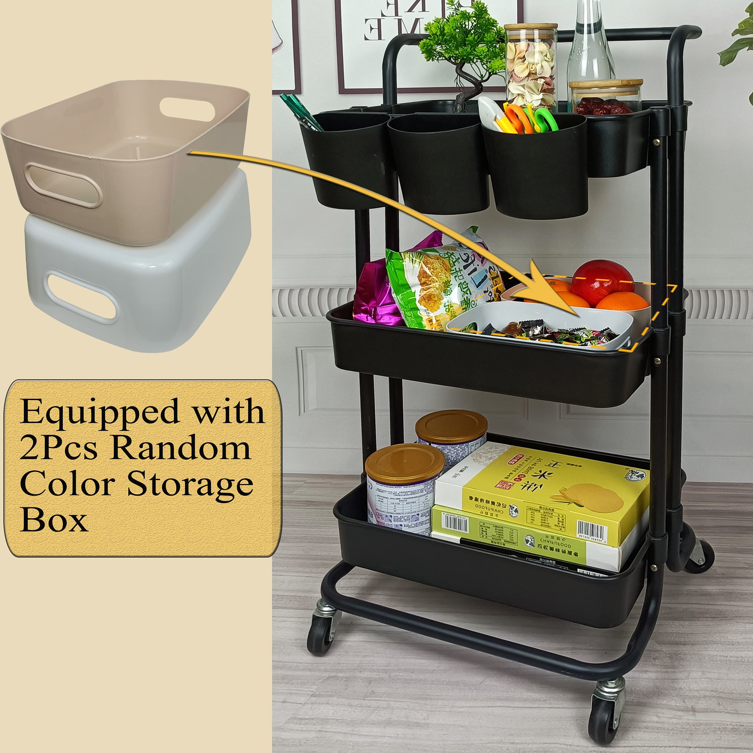 3-Tier Rolling Utility Cart with 3 Hanging Cups, 8 Hooks & 2 Storage Boxes - Mobile Organizer Shelf for Kitchen, Bathroom, Office & Home - Perfect for Storing Cleaning Supplies, Toiletries or Office Essentials (Black)