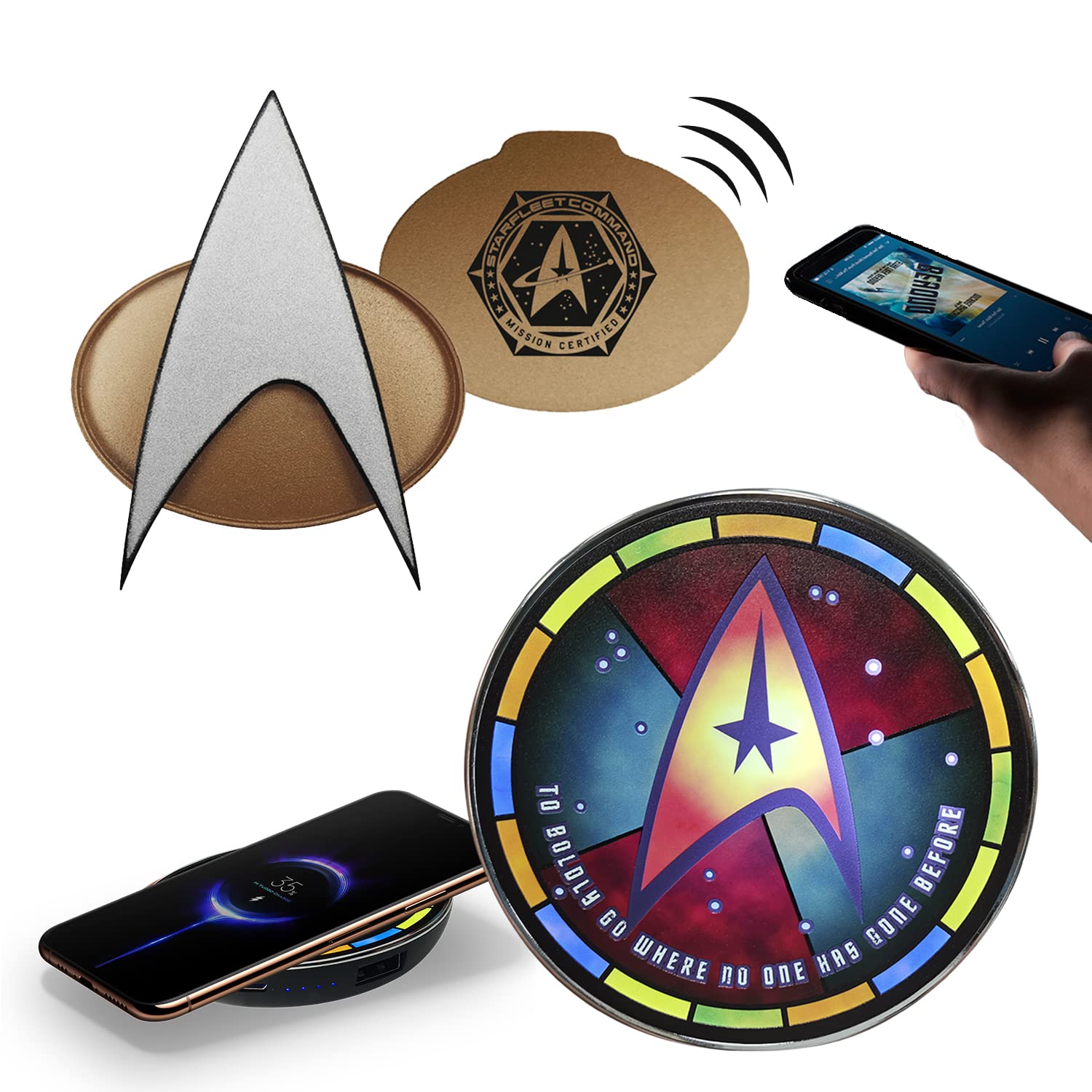 Star Trek Bluetooth ComBadge Communicator with Chirp Sound Effect, Wireless Microphone & Speaker | Qi Wireless Charger with Stained-Glass LED Logo & Built-in Power Bank | Perfect for Cosplay, Conventions & Trekkie Gifts