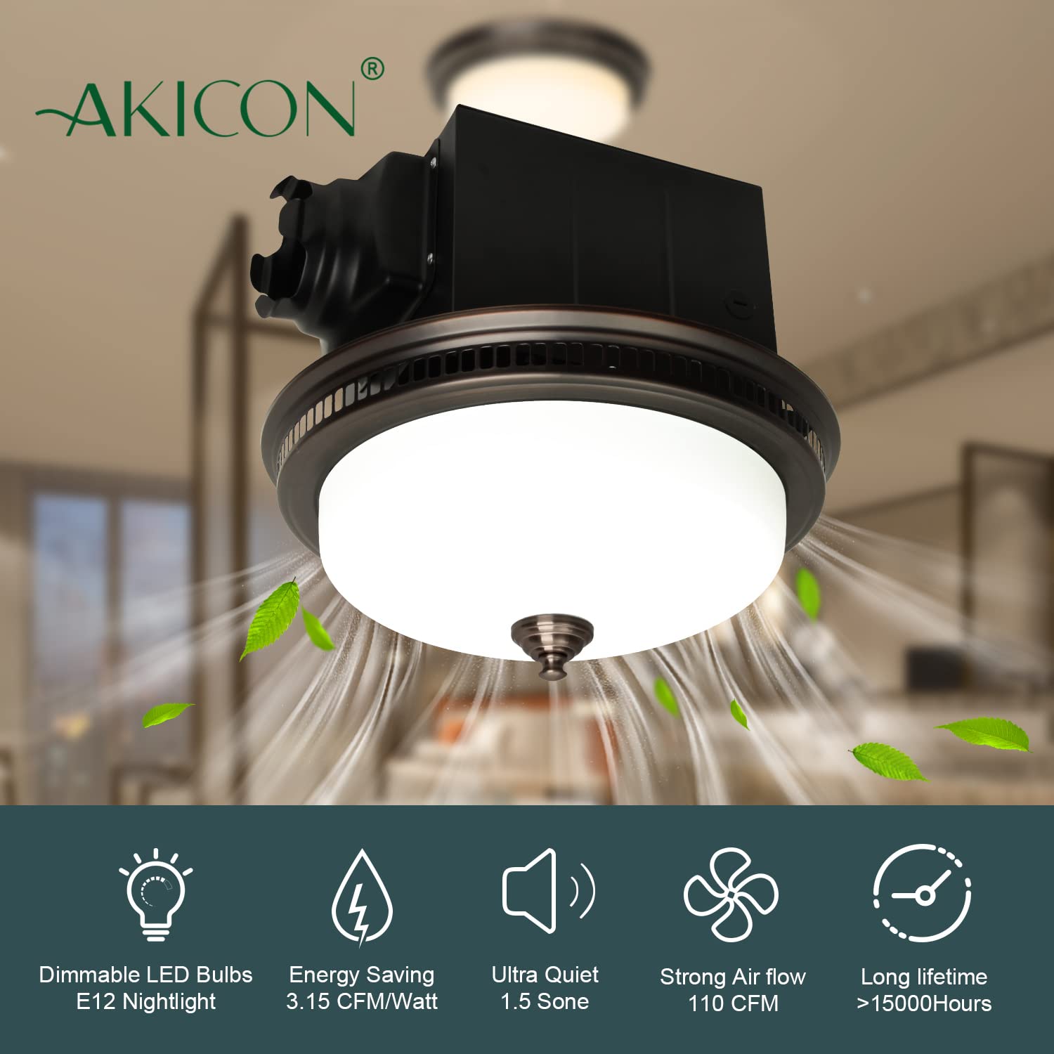 Akicon Ultra Quiet 110 CFM Round Exhaust Bathroom Fan with LED Light and Nightlight - Bronze Finish (Includes 3x9W GU24 Base LED Bulbs & 1 E12 Nightlight) - 3 Year Warranty - Perfect for Bathrooms, Basements & Laundry Rooms