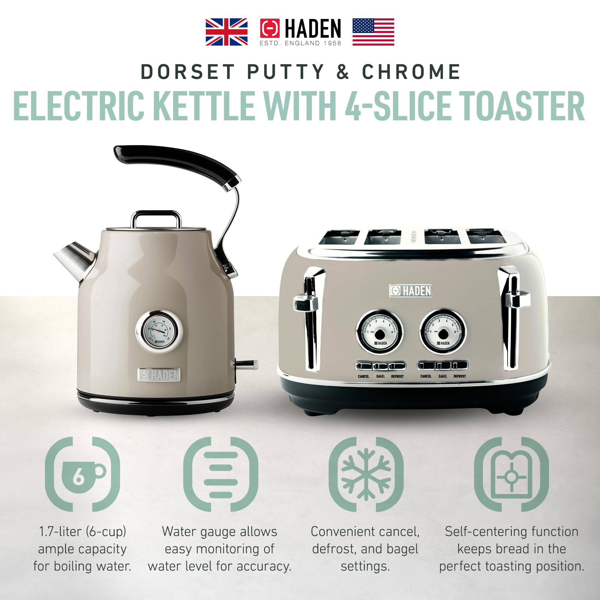 Haden Dorset 4 Slice Wide Slot Stainless Steel Toaster with 1.7L Electric Kettle Set - 360° Swivel Base, Putty & Chrome Finish - Perfect for Breakfast, Kitchen, Dorm & Office Use