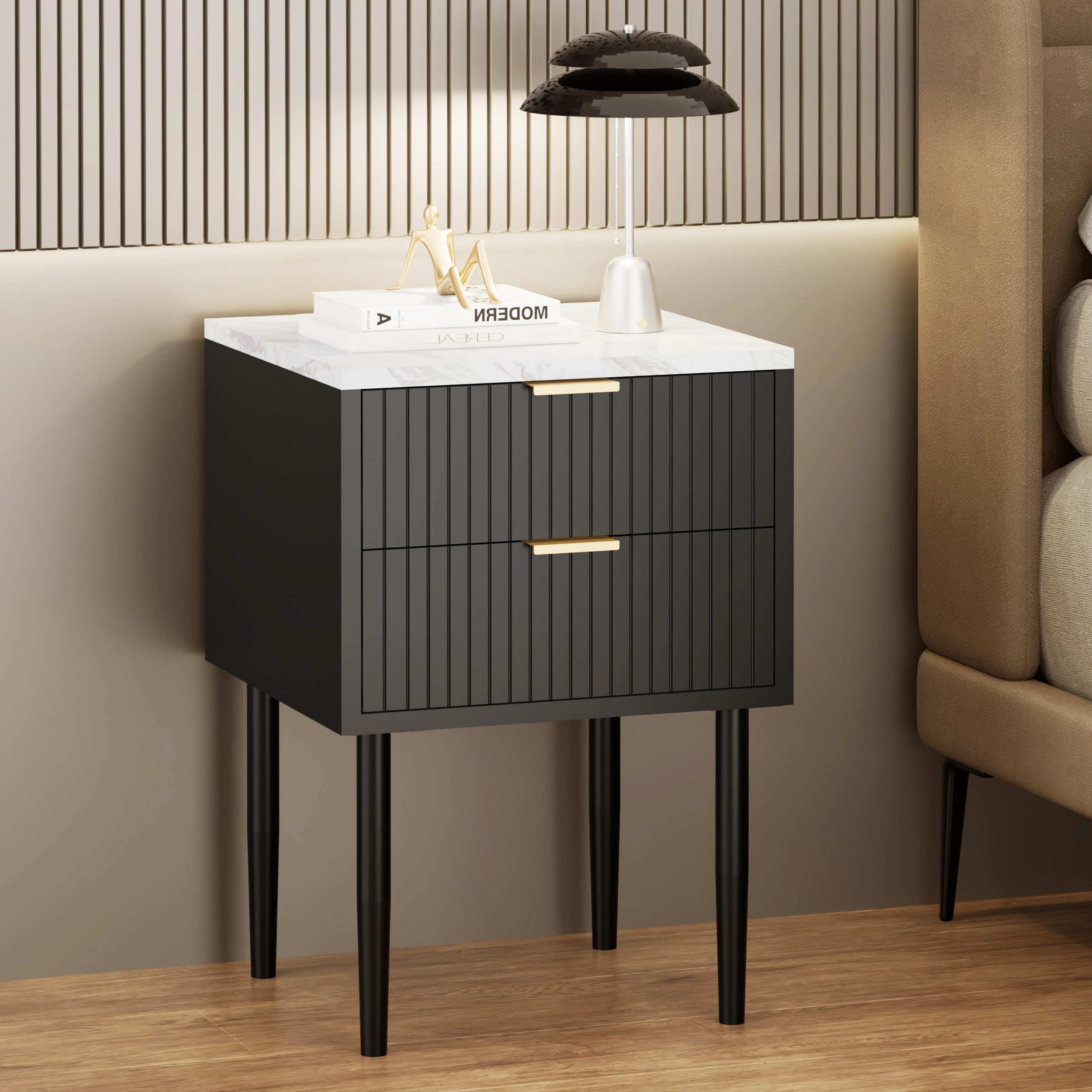 Anbuy Black Marble Nightstands Set of 2 with Gold Handles - Modern Striped Bedside Tables with 2 Drawers, Faux Marble Top & Metal Legs - Perfect for Bedroom, Living Room, Guest Room & Dorm Decor